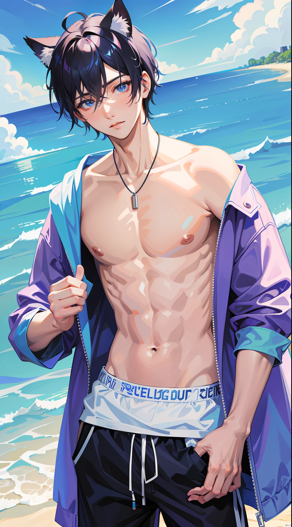 masterpiece, best quality, super detail, illustration (1 male), beautiful detailed eyes, looking at the viewer, close-up (breast focus), short blue hair, shy, cat ears, pumped chest, beach in the background, swimming trunks,