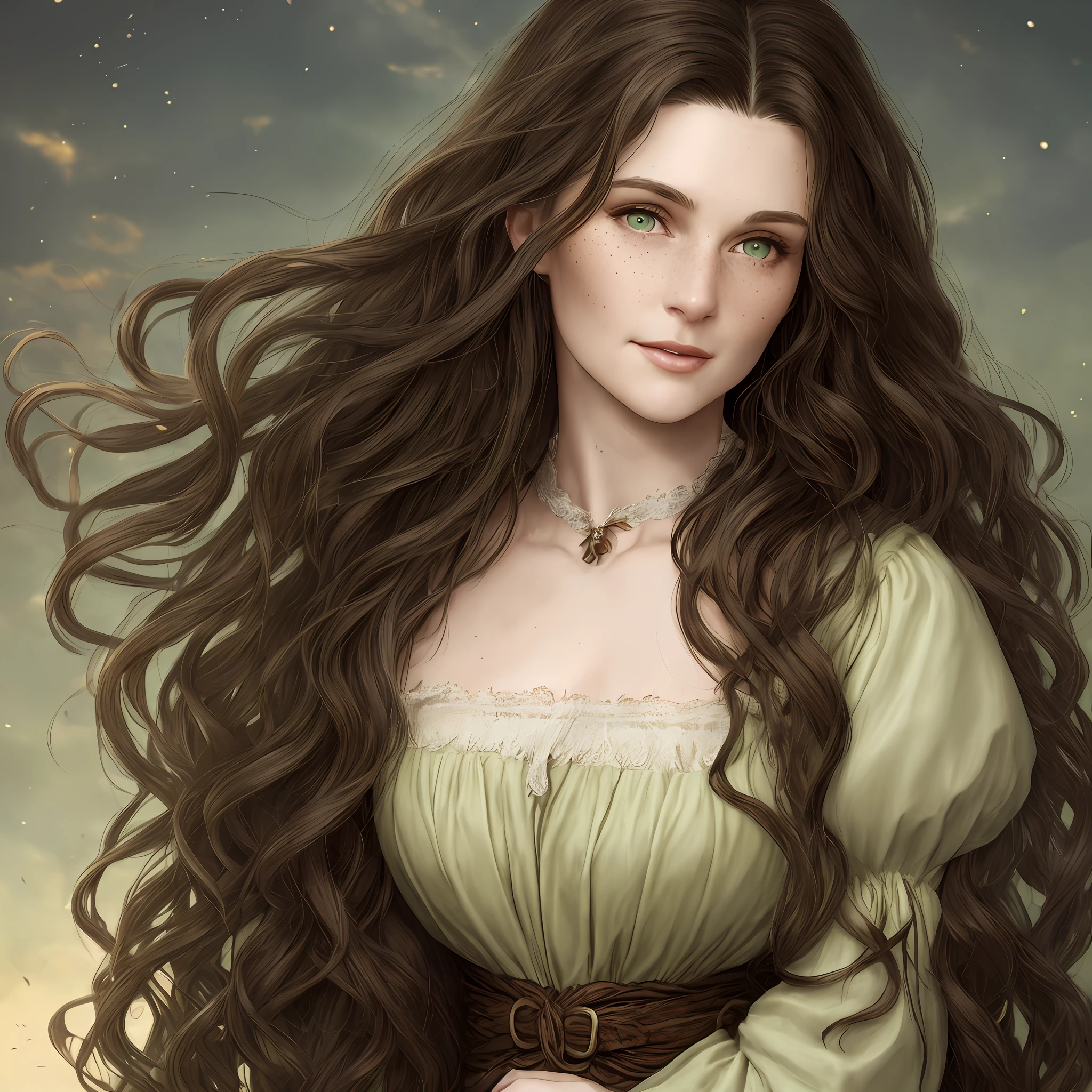 Beautiful Woman in her 40s, With long, Wavy and dark brown hair, With realistic green eyes, Freckles on her face, In a medieval dress, High resolution, Perfect