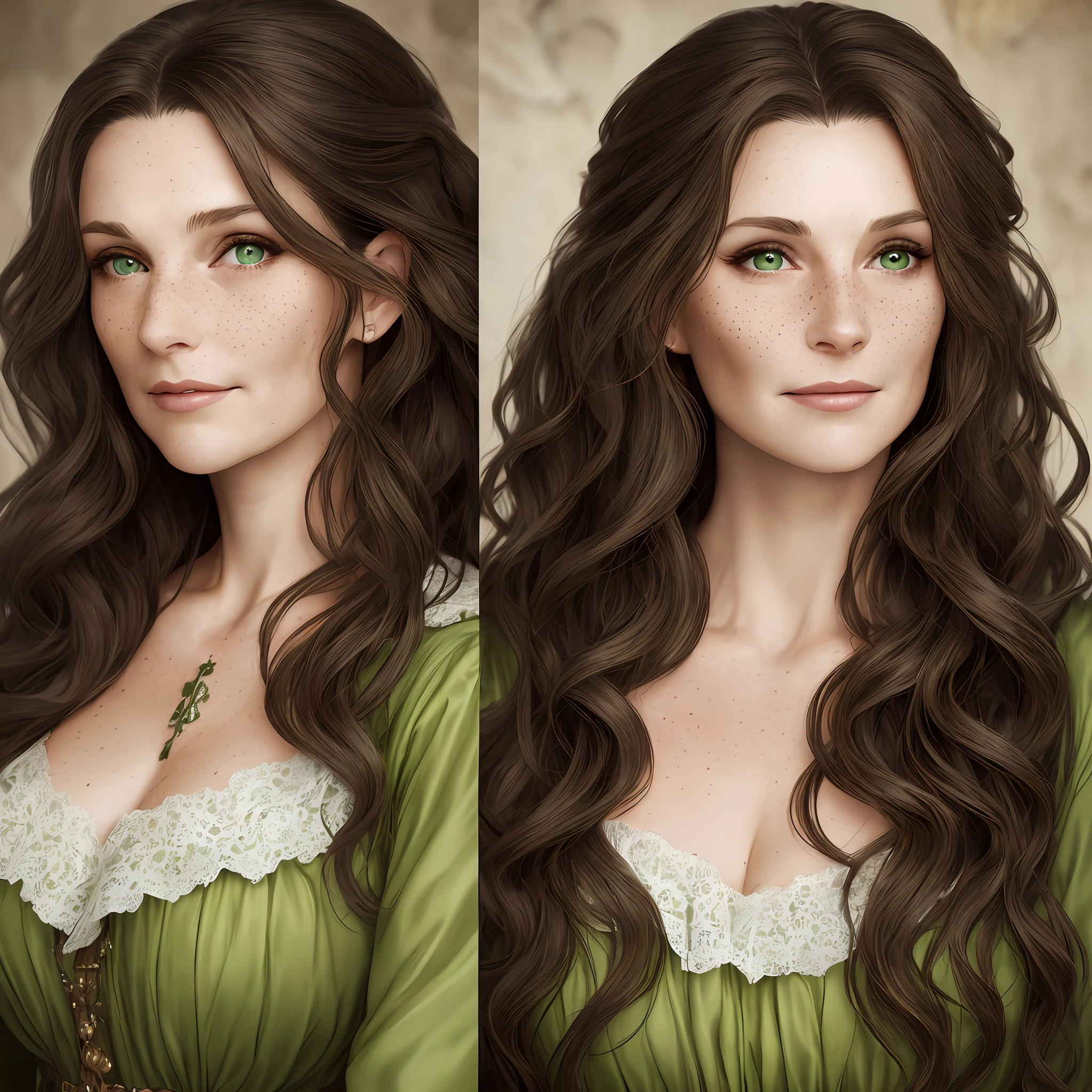 Beautiful Woman in her 40s, With long, Wavy and dark brown hair, With realistic green eyes, Freckles on her face, In a medieval dress, High resolution, Perfect