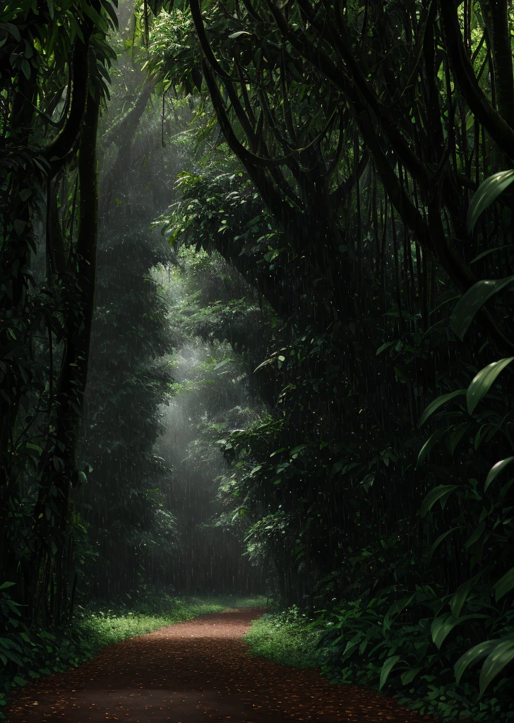 A jungle, with intense rainfall, monochromatic, vines all around, giant and wet trees, masterpiece, best quality, high quality, extremely detailed CG unity 8k wallpaper, oil paiting, award winning photography, Bokeh, Depth of Field, HDR, bloom, Chromatic Aberration ,Photorealistic,extremely detailed, trending on artstation, trending on CGsociety, Intricate, High Detail, dramatic, art by midjourney, volumetric lighting
