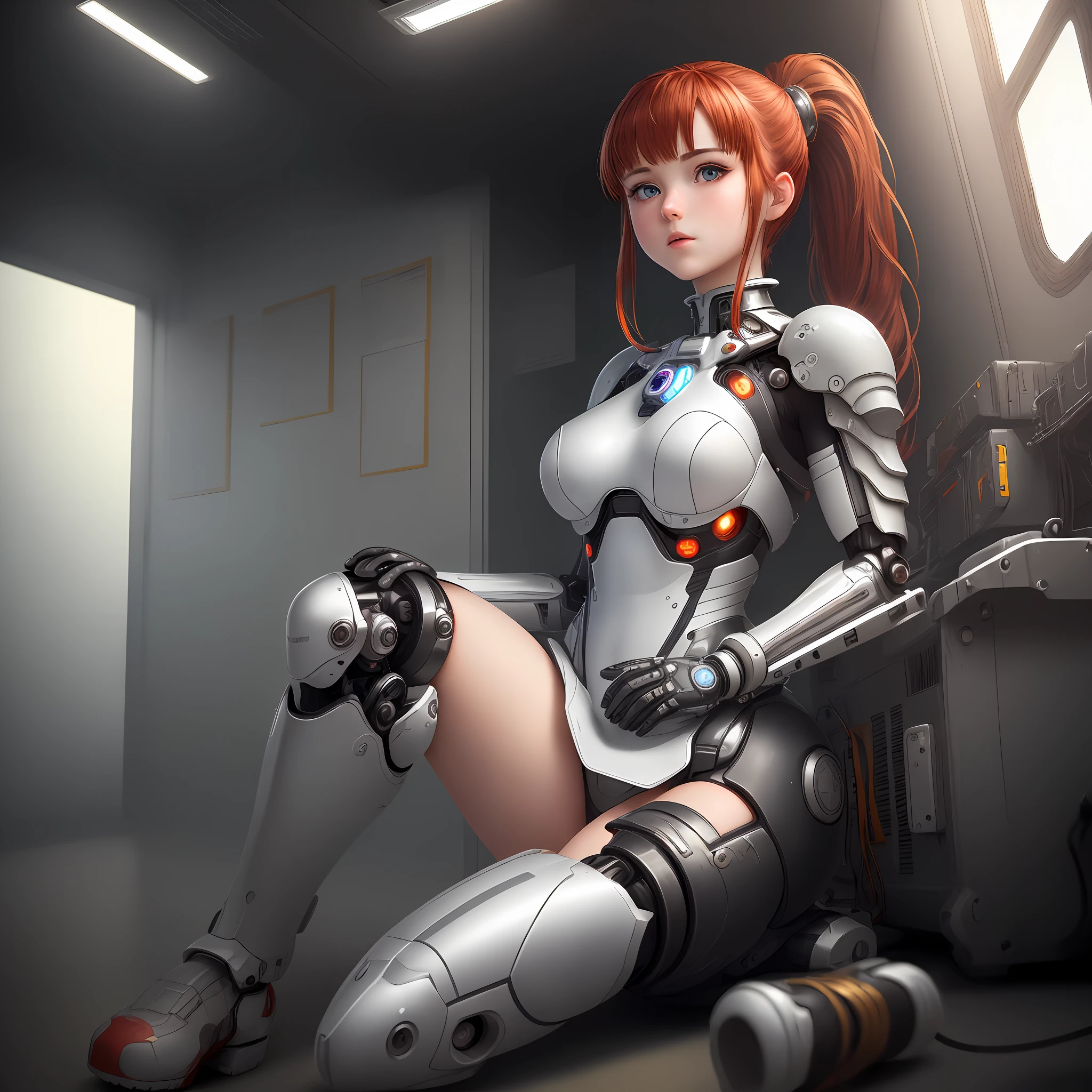 (((masterpiece))), (((best quality))), ((ultra-detailed)), (highly detailed CG illustration), ((an extremely delicate and beautiful)), cinematic light,((1girl )) , ground, (upper body), (character focus), absurd, high contrast, extremely detailed, colorful, more detailed, sci-fi, nanosuit, high ponytail, (red hair), blue eyes, boots knee length, (spacecraft interior), mechanical limbs, large breasts, metal wire,