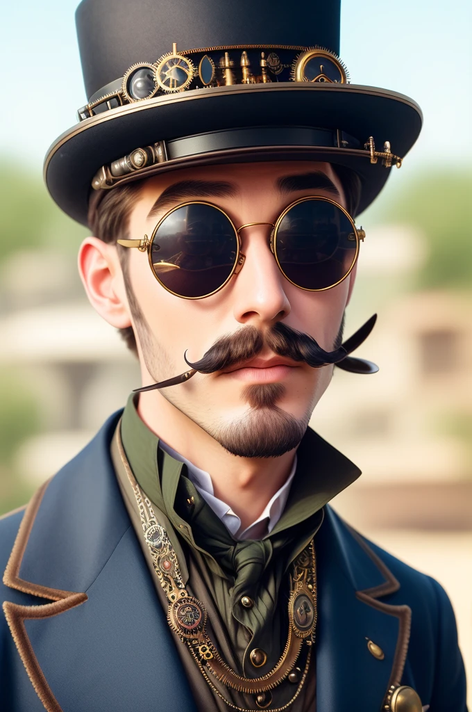 close up, gentelman in the hat and round steel gear sunglasses short mustache, victorian era, ((steampunk)), cinematography, crafted, elegant, meticulous, magnificent, maximum details, extremely hyper aesthetic, intricately detailed, Hippie Glasses Retro Round Metal