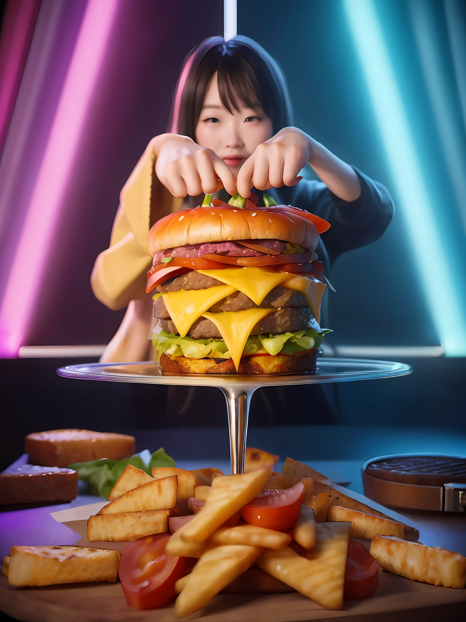 ((best quality)) (detailed)(juicy cheeseburger, vibrant and appetizing colors, mouth-watering details: 1.8) against dark background, professional color grading, centered, window lighting, sharp focus, advertising, octane, unreal, high resolution food photography, masterpiece, ultra detailed, highly detailed, high definition, perfect composition, intricate, cute and beautiful, award winning photography, sharp details, high resolution, all in pixar style, (high resolution and sharp :1.4)
