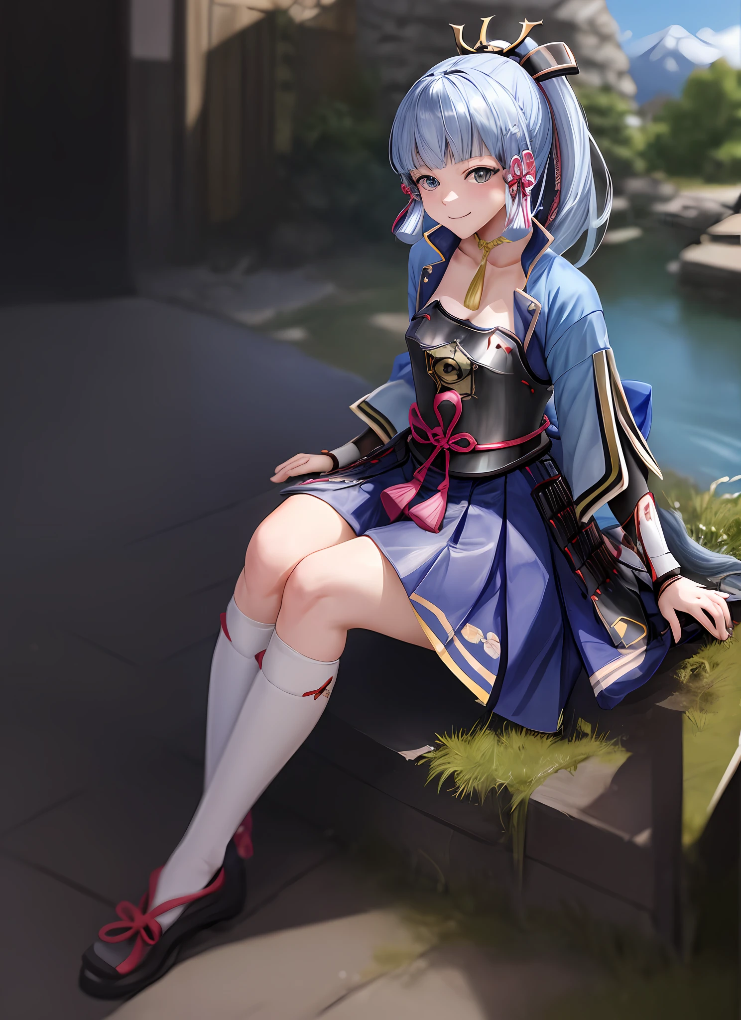 kamisatoayakadef, full body, sitting, smile, blush, outdoors, day, simple background, blue sky, short hair, sky, temple, looking at viewer, sitting on stairs, mountain, moody lighting,