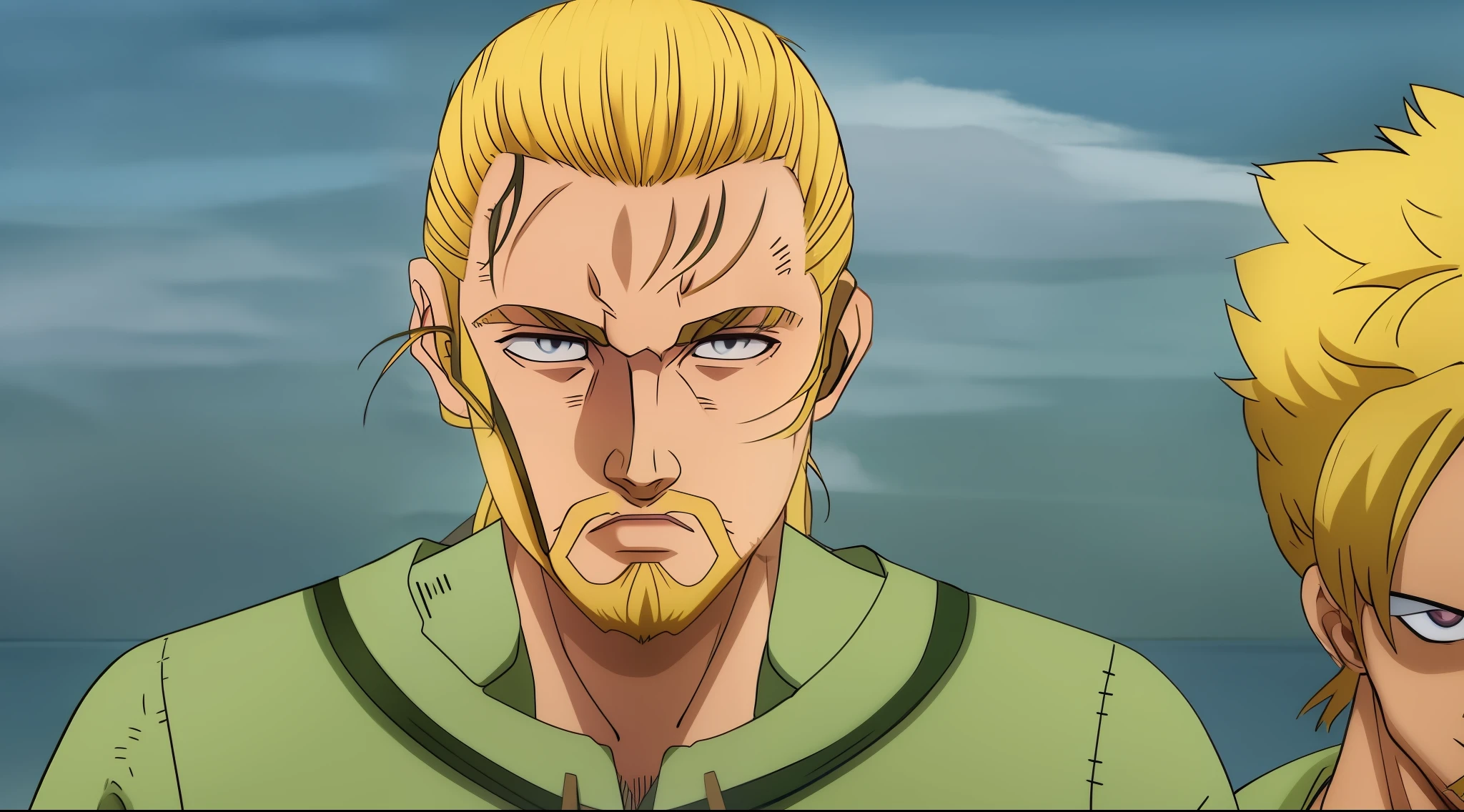 anime character with blonde hair and beard in a field, vinland saga, in the anime film, joseph joestar, in attack on titan, picture of a male cleric, screenshot from a 2012s anime, from attack on titan, griffith from berserk, screenshot from guro anime, mushoku tensei