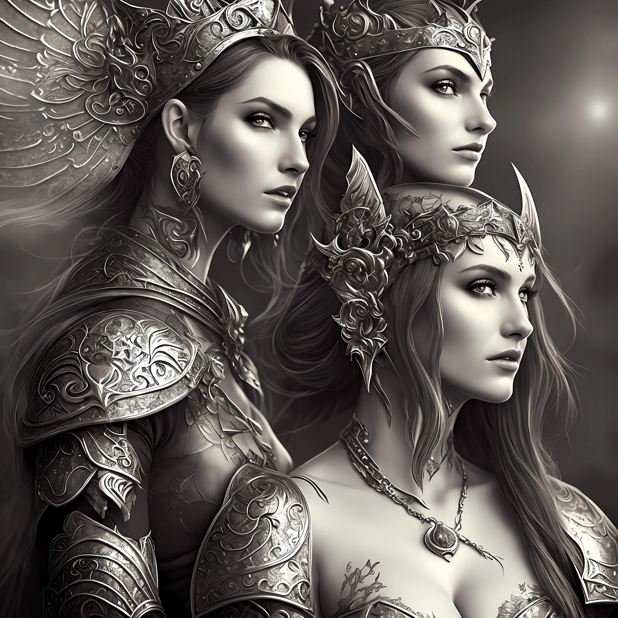 Ink splash a beautiful woman, very detailed, warrior, medieval clothing, morning sun, fantasy style