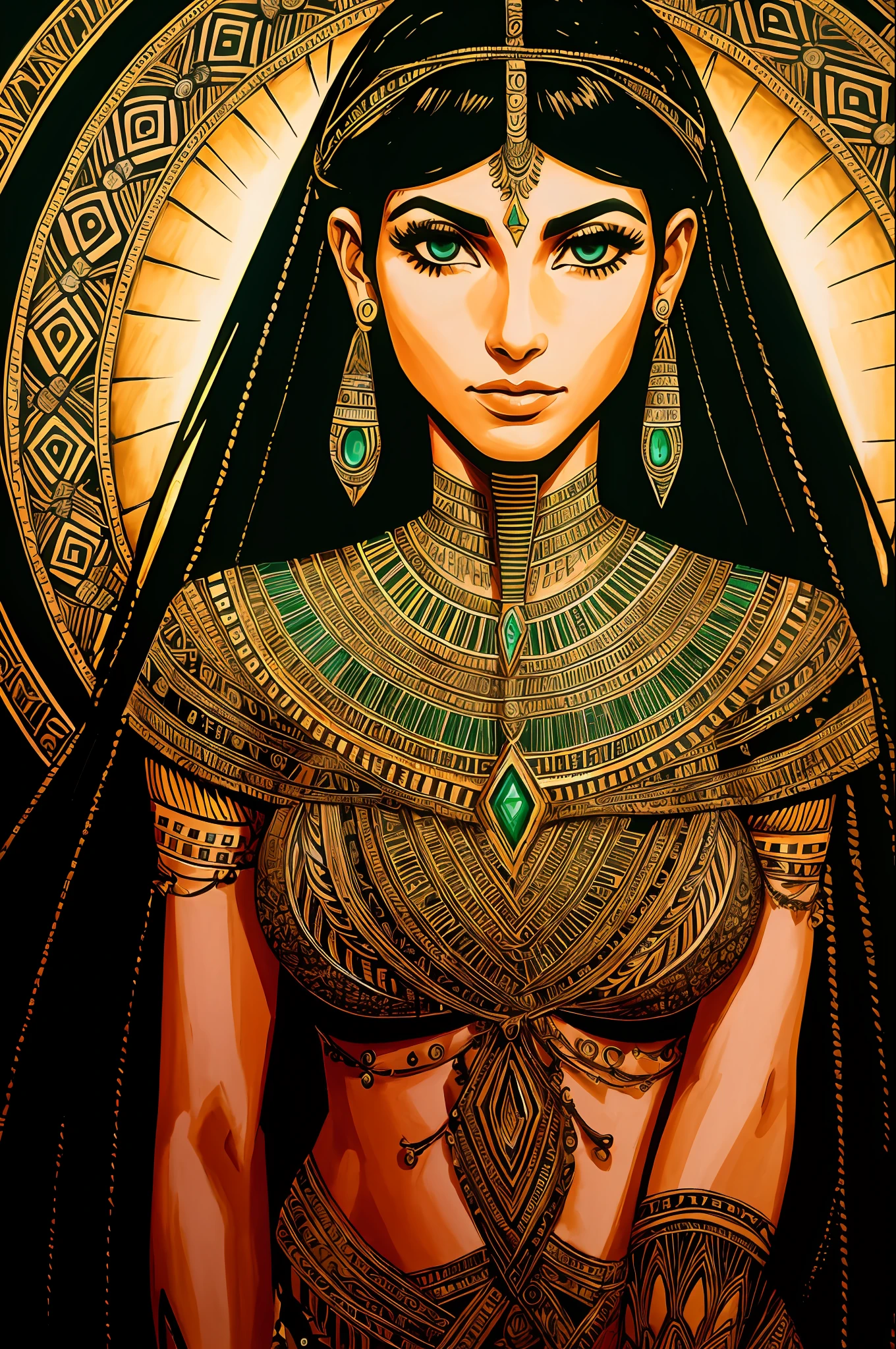 1 adult Egyptian woman, green eyes, black hair flaps, portrait, solo, upper body, looking at viewer, detailed background, detailed face,  OldEgyptAI, ancient egyptian theme,  feral jungle warrior, pink tribal clothing, obsidian, defensive stance, stone knife, bushes, poisonous plants, rocks,  humid climate, darkness, cinematic atmosphere,
dark chamber, dim light (zentangle, mandala, tangle, entangle), (golden and green tone:0.5)
(35mmstyle:1.1), front, masterpiece, 1970s film, , cinematic lighting, photorealistic, high frequency details, 35mm film, (film grain), film noise,