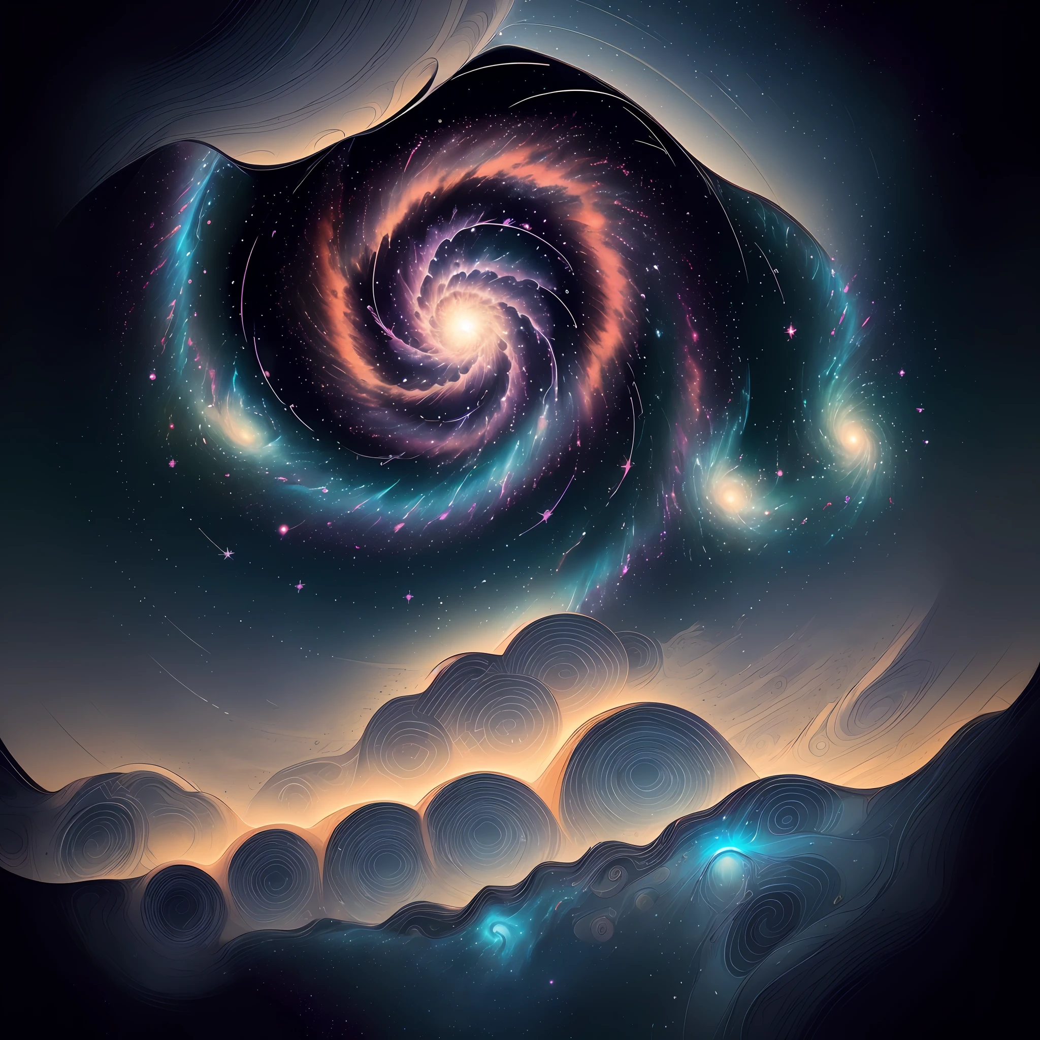 A mesmerizing t-shirt print that captures the enchanting allure of galaxies, cosmic dust, and constellations. The design features a cosmic landscape adorned with swirling galaxies, where stars and nebulae twinkle amidst a sea of cosmic dust. Constellations form celestial patterns, guiding the viewer's imagination through the vastness of space. The scene is filled with a sense of wonder and tranquility, inviting the viewer to explore the mysteries of the cosmos. This design embodies the beauty and cosmic harmony of the universe. Illustration, digital painting