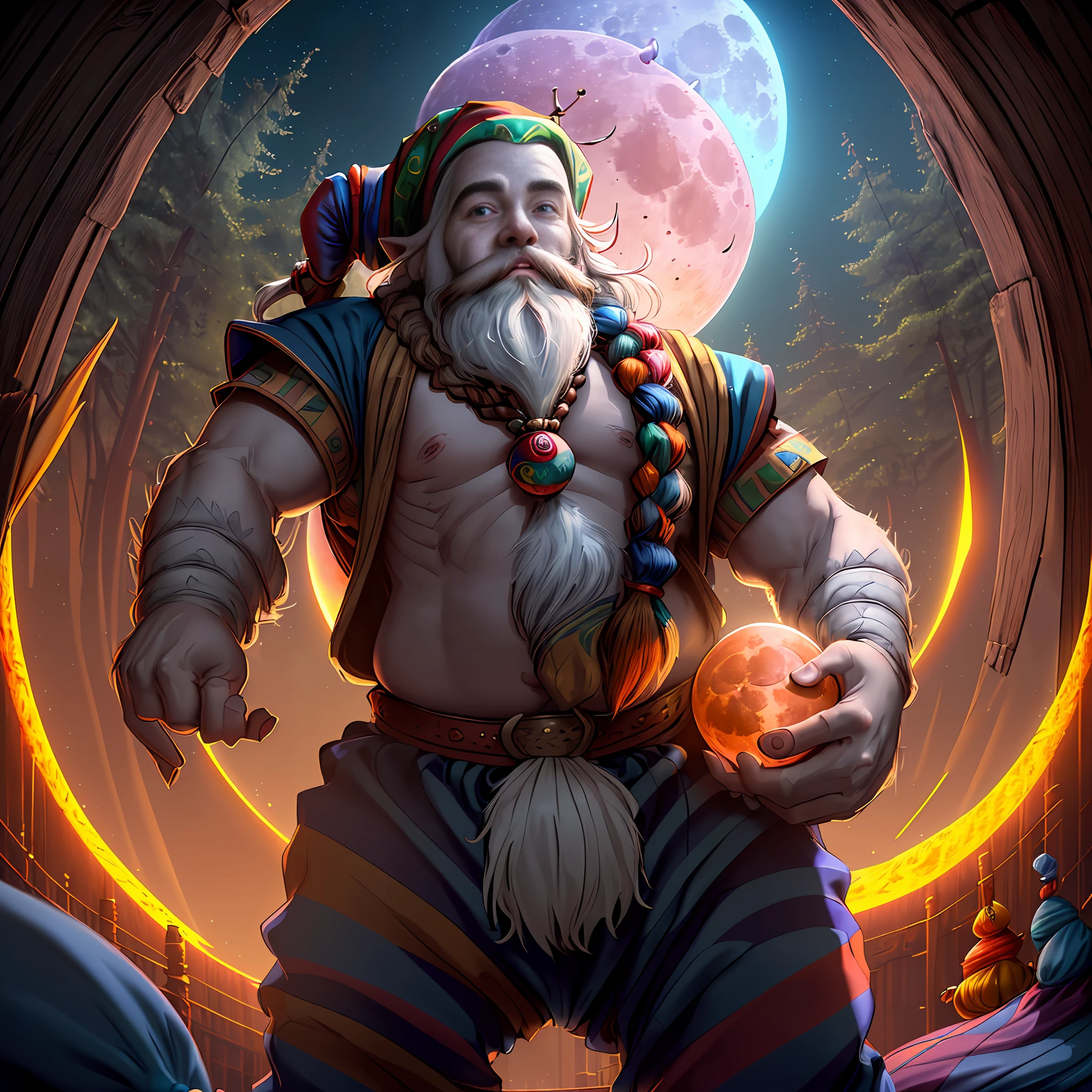(((A dwarf man with a very long white braided beard centered in the foreground performing a kubrick stare))), (((Naked chest))), (((colorful jester pants))), (((colorful jester hat))),  dark fantasy, dark atmosphere, forest, ((night)), moon, glowing butterflies, volumetric lighting, best quality, masterpiece, intricate details, tonemapping, sharp focus, very detailed, trending on Artstation, realistic, trending in artstation 4k, 8k, cinematic lighting, (((Full blood moon vibrantly lighting the scene))), (((fish eye lens))), ((colorful))