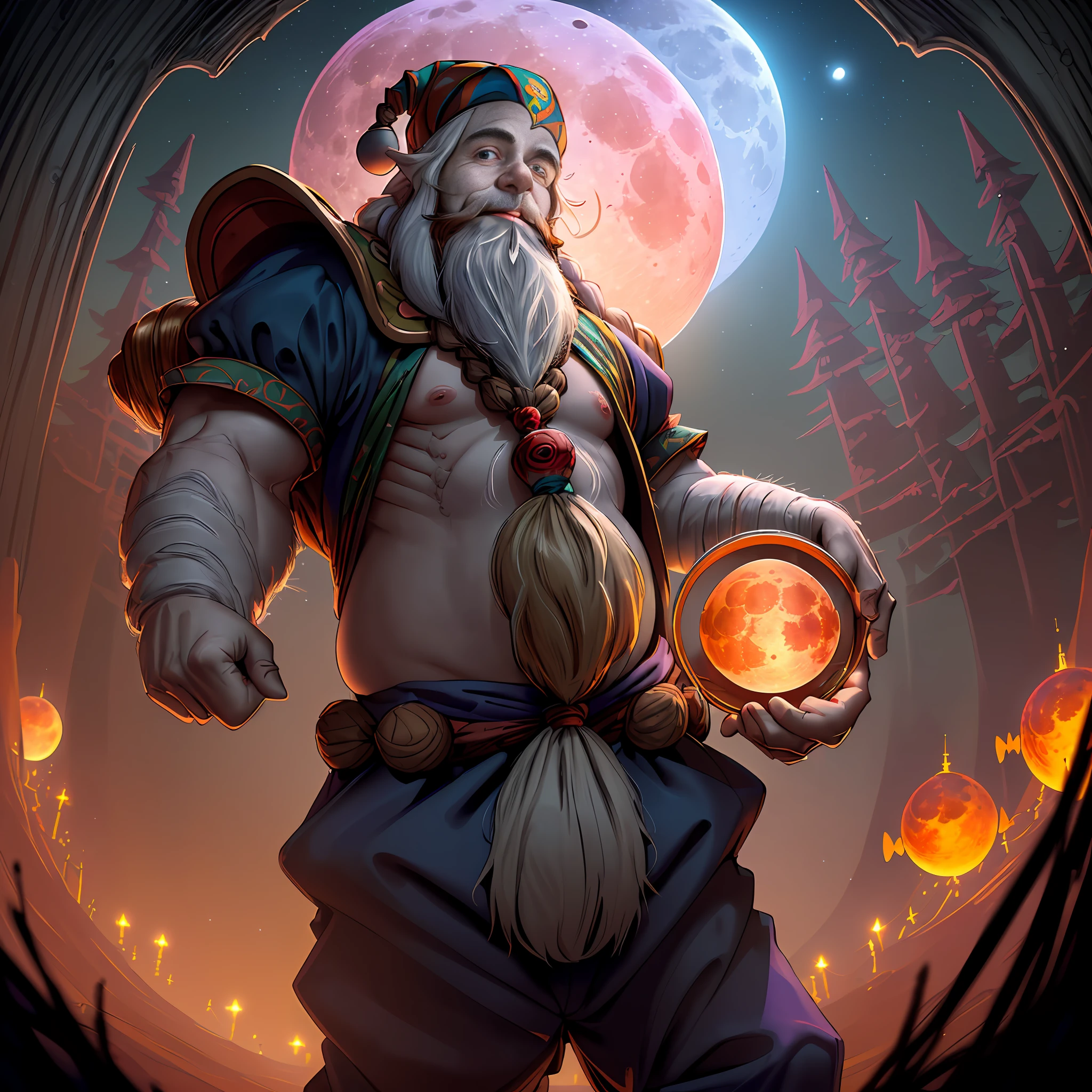 (((A dwarf man with a very long white braided beard centered in the foreground performing a kubrick stare))), ((( chest))), (((colorful jester pants))), (((colorful jester hat))), dark fantasy, dark atmosphere, forest, ((night)), moon, glowing buttees, volumetric lighting, best quality, masterpiece, intricate details, tonemapping, sharp focus, very detailed, trending on Artstation, realistic, trending in artstation 4k, 8k, cinematic lighting, (((Full blood moon vibrantly lighting the scene))), (((fish eye lens))), ((colorful))