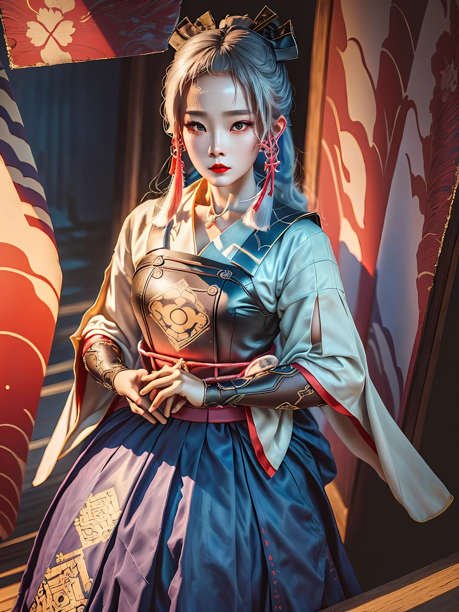 Masterpiece, Top quality, (Highly detailed CG Unity 8k wallpaper), (Top quality), (Best illustration), (Best shadow), beautiful woman, ancient costume, gauze skirt, bun, sadness, red lips, historical drama, beautiful, Korea woman, girl,
