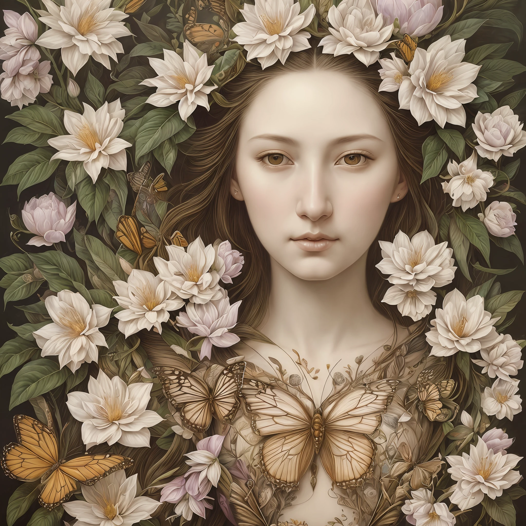 A botanical masterpiece in the style of Marco Mazzoni, detailed, hyper-realistic, elemets of symbolism and surrealism, intricate design, extremely beautiful woman, flowers, butterflies, pastel, golden details, looking at the viewer, looking straight to the camera.