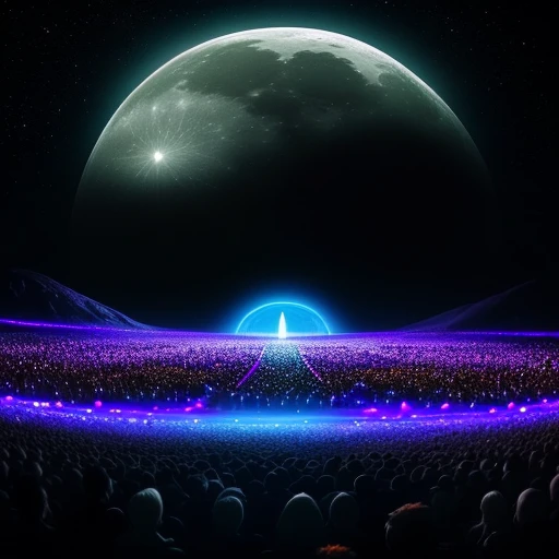 Generate a surrealistic artwork of Faithless performing on a moon festival, with a breathtaking view of Earth in the sky.
Imagine an otherworldly scene where the band Faithless takes the stage on a lunar landscape illuminated by a soft, ethereal glow. The moon's surface is adorned with sparkling moon dust, casting a gentle luminescence across the surroundings. Faithless members are depicted in their signature style, with mesmerizing LED costumes that pulsate with vibrant colors, creating an enchanting visual spectacle. The moon festival's atmosphere is filled with a sense of awe and wonder, as attendees gaze in amazement at Earth, visible in the vast expanse of the night sky, creating a striking contrast between the celestial bodies.