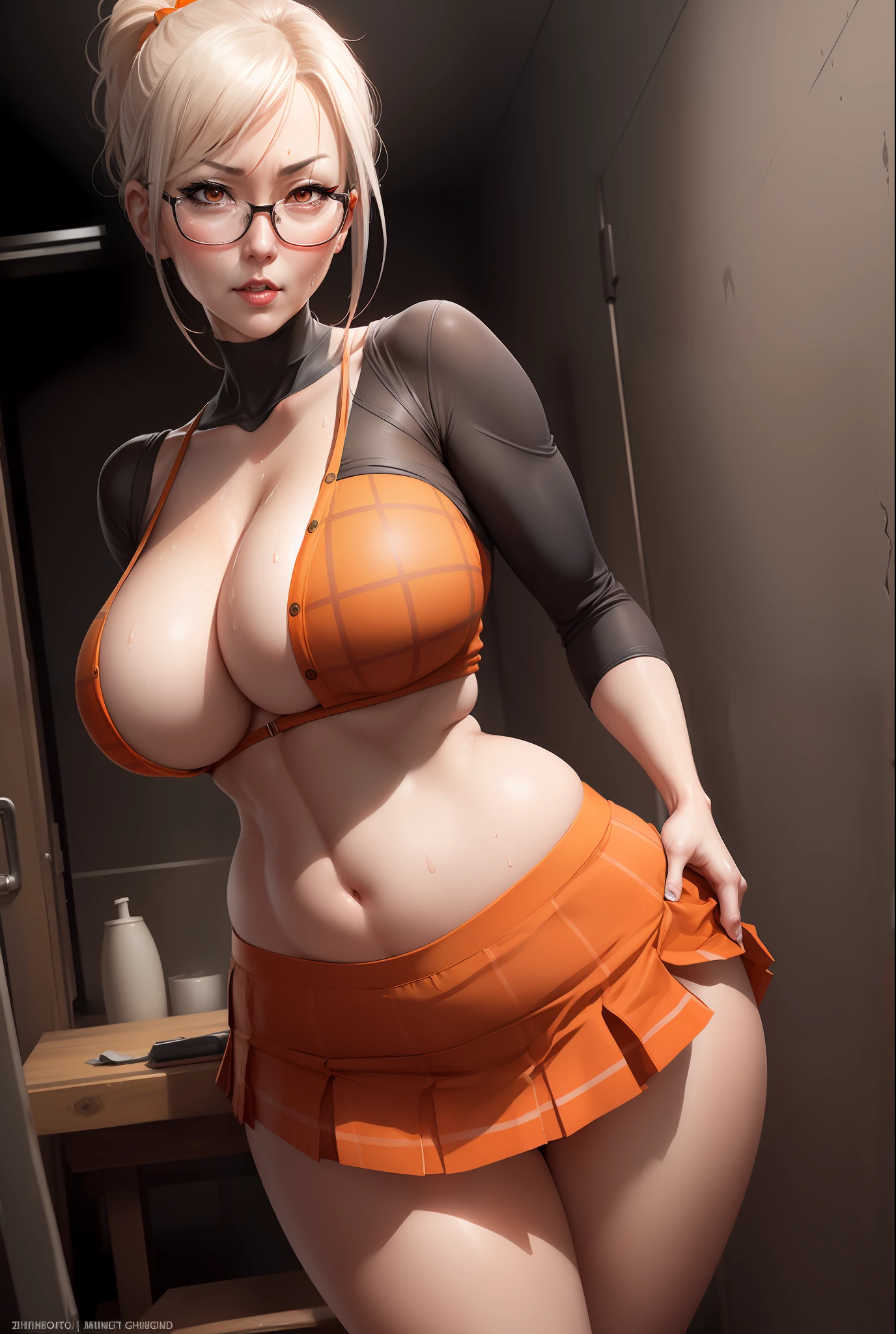 Prison School, Meiko SHIRAKI (Charakter) realistic version, wearing a provocative outfit, long platinum hair tied in a ponytail, tall, slender, flat stomach, orange blouse, slightly plump face, mature sadomasochistic woman&#39;s face, sadomasochistic look, long loose fringe, glasses, open sexy blouse, provocative take off, huge and voluminous breasts, heavy and sweaty, sweaty face, (short schoolgirl orange plaid skirt), sensuality and elegance, pose for photo, sweaty body, prison cell, cotton blouse open teacher, super realistic and detailed, prison saddle, prison bathroom, whip, panting, perverted woman, very perverted look, handcuffs, club, chair, provocative sexy poses, shapely legs, black gloves, sadomasochistic woman, Full HD, best quality, a masterpiece, professional lighting, realistic style