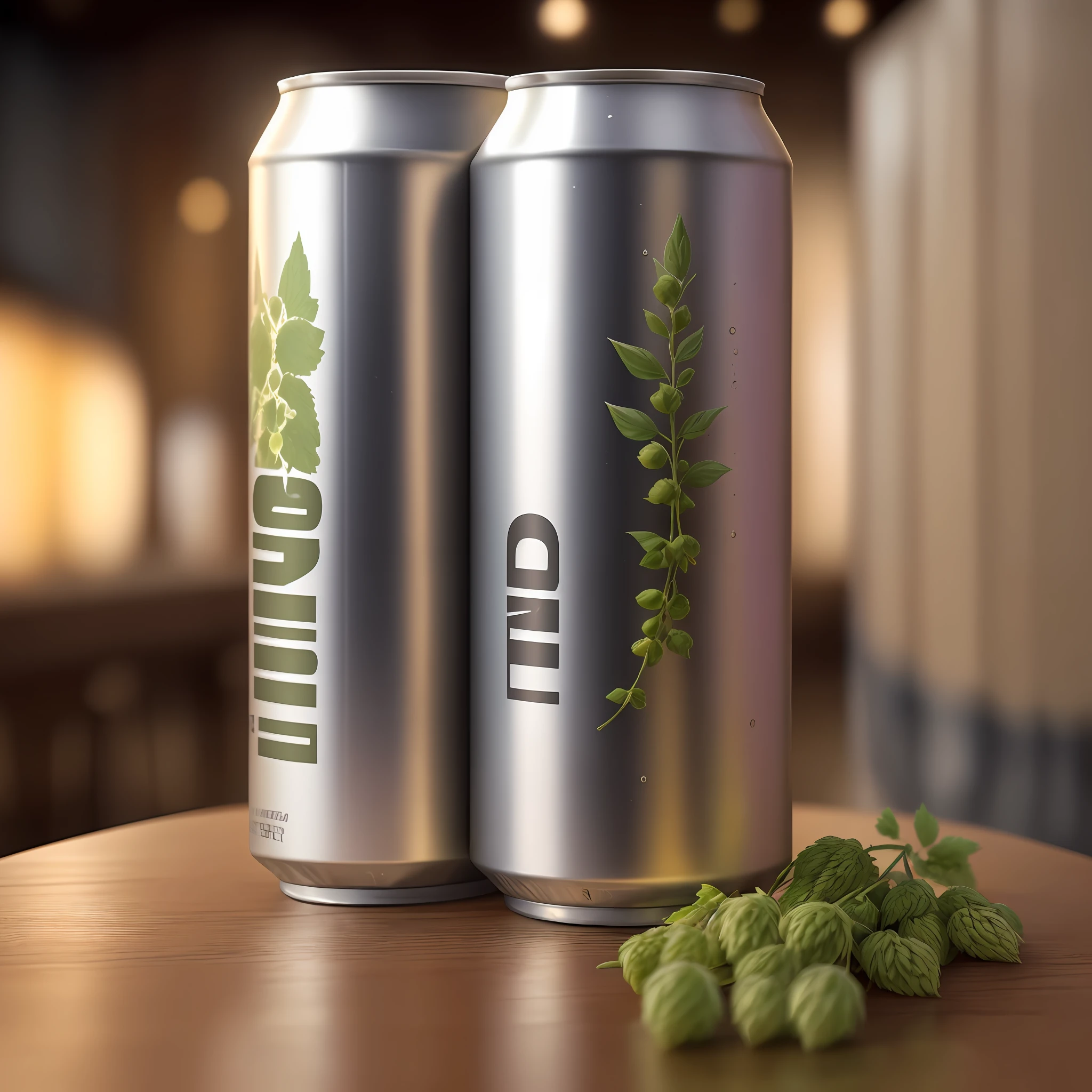 an aluminum can on a table surrounded by hops, malts and barley, high quality, award-winning photography, photorealistic, extremely detailed, high detail, volumetric lighting