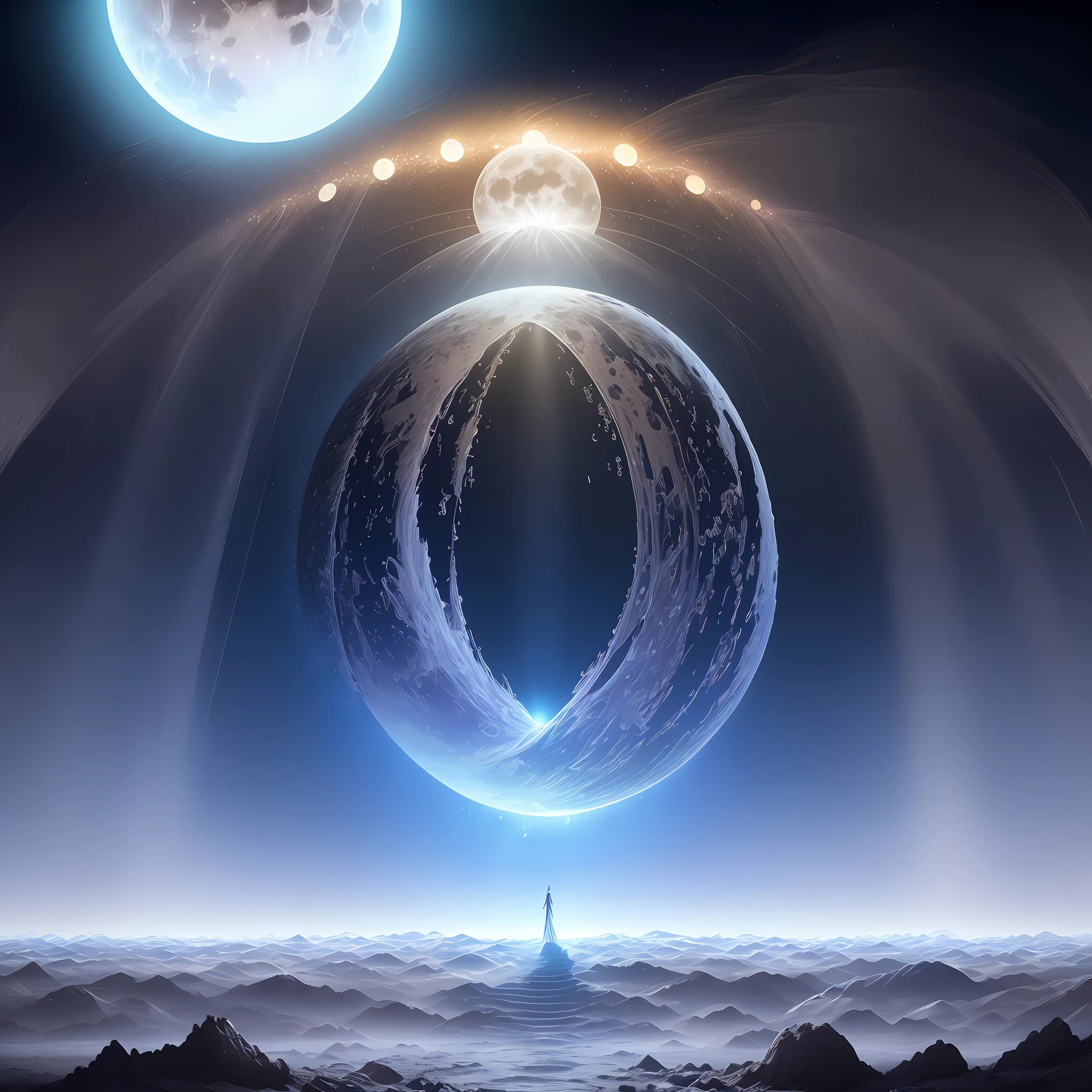 Generate a surrealistic artwork of Faithless performing on a moon festival, with a breathtaking view of Earth in the sky. otherworldly scene,Faithless on stage on a lunar landscape, illuminated by a soft, ethereal glow. The moon's surface is adorned with sparkling moon dust, casting a gentle luminescence across the surroundings. Faithless members are depicted in their signature style, with mesmerizing LED costumes that pulsate with vibrant colors, creating an enchanting visual spectacle. atmosphere is filled with sense of awe and wonder, as attendees gaze in amazement at Earth, visible in the vast expanse of the night sky, creating a striking contrast between the celestial bodies.
