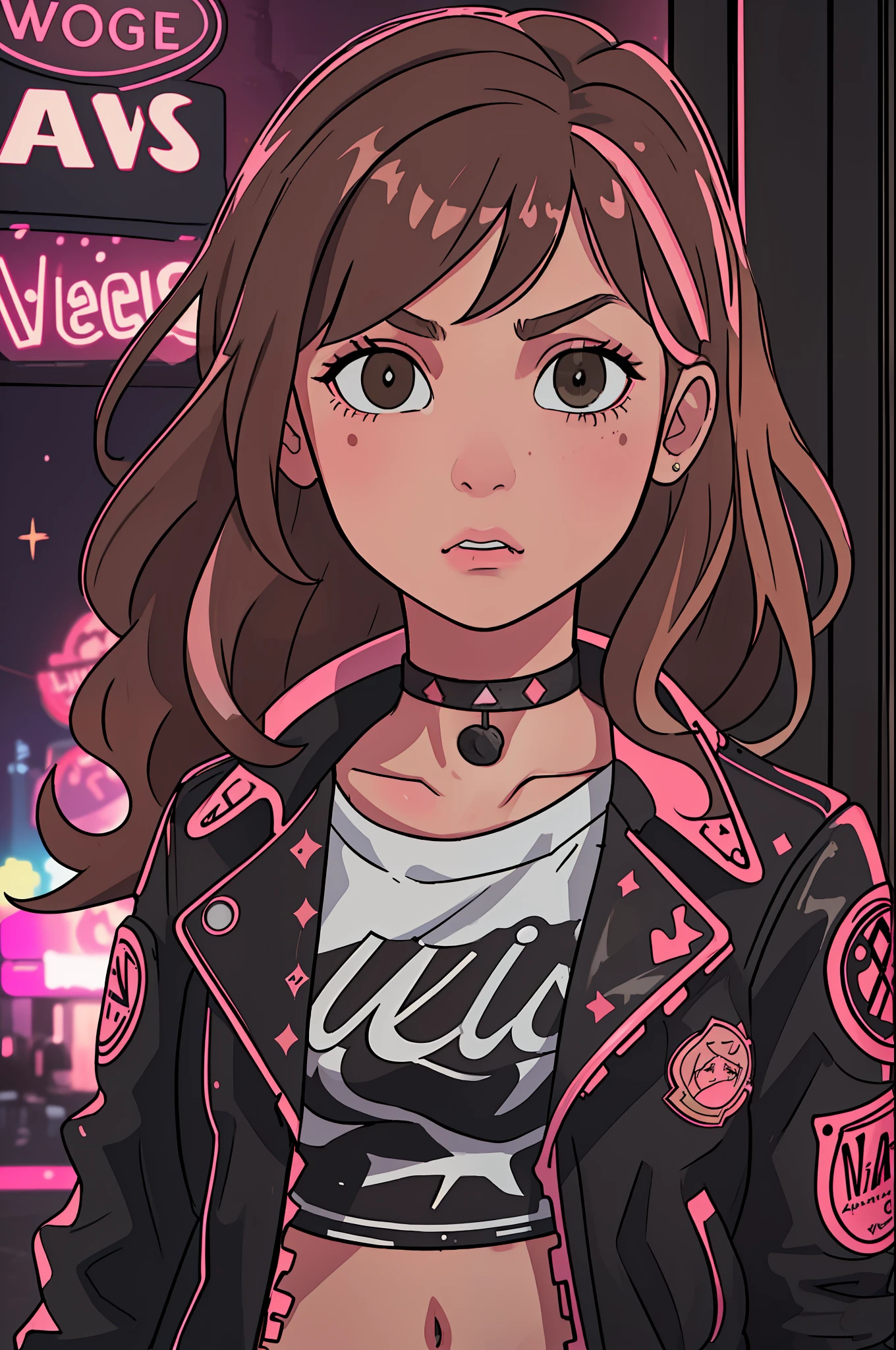 a waist length portrait of a punk girl wearing a leather jacket, wavy hair with lots of pink streaks, light brown eyes, fair white skin, rebellious clothing style, choker, highly detailed intricate film composition, cinematic lighting, hyper detailed, (background from the city las vegas:1.2),