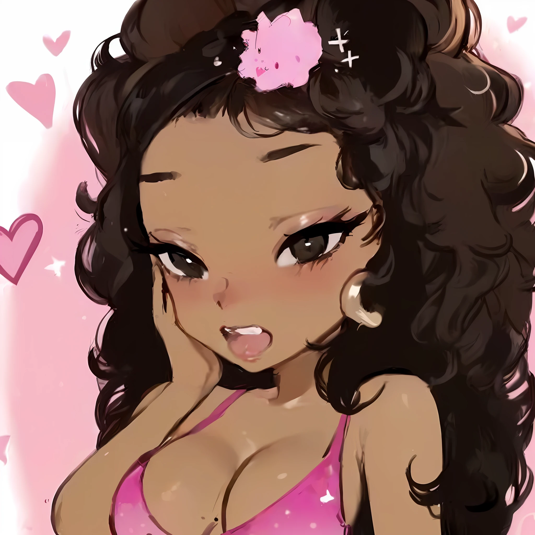 a cartoon picture of a woman with a pink bra top and a pink bow, cute artwork, cartoon style illustration, trending on artstration, cartoon artstyle, cartoon art style, black anime manga girl, cute art style, in cartoon style, cartoon art, charicature, she has olive brown skin, cute cartoon, cartoonish cute, anime style”