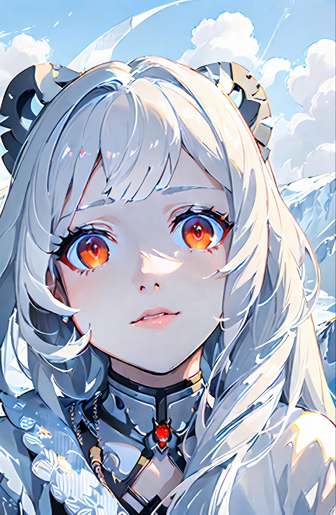 (((masterpiece))), ((eye detail)), ((face detail)), ((delicate feature)), ((best quality)), ((best artist)), ((ultra detailed landscape)), ((perfectly delicate physiognomy)), ((best illustration)), ((mountain landscape with clouds in the clear sky)), (1 girl) wearing robotic cyberpunk clothes, (((long white hair with fringes))), ((blood red eyes detailed)), in a lighting seen from above (((dark))), (neutral)), (almost no light in the scene), (((showing the detailing of the flickering eyes))) as if they were torches--StyleCetus-Mix--ar1:2