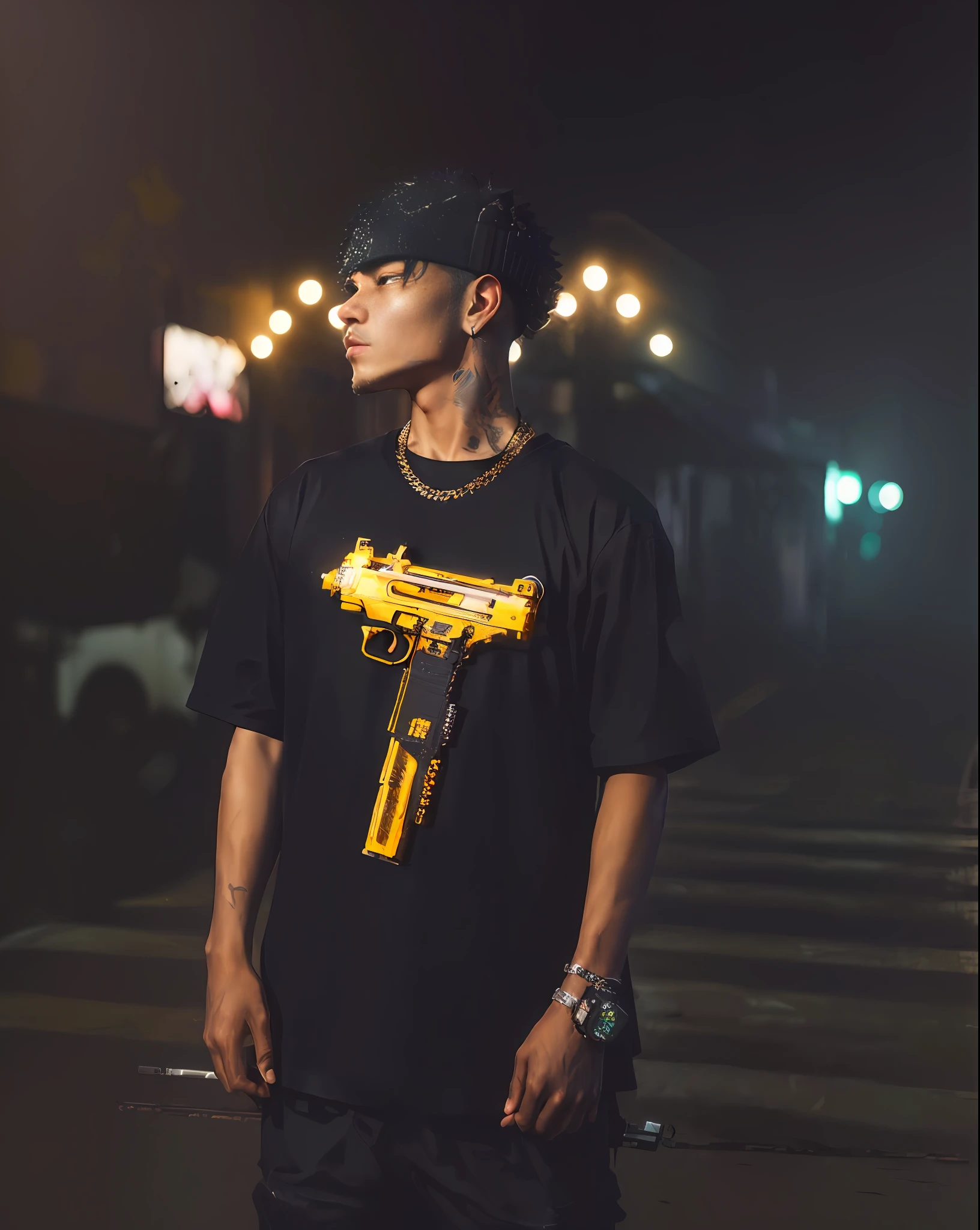 arafed man in a black shirt with a gun on his chest, outlive streetwear collection, mid shot portrait, closeup portrait shot, wearing cyberpunk streetwear, cyberpunk streetwear, cinematic shot ar 9:16 -n 6 -g, shot at golden hour, wearing japanese techwear, with pistol, portrait shot 8 k, wearing space techwear, teenage boy