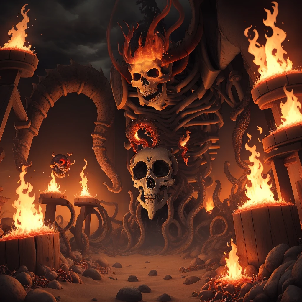 skeleton, fire, tentacles, monster, hell,