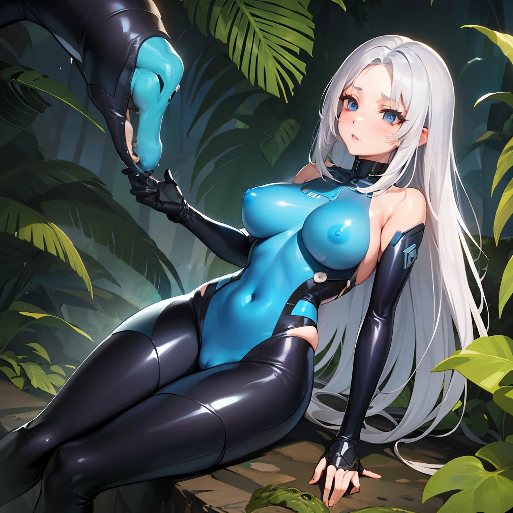 1girl, coils, snake, breasts, moan, masterpiece, best quality, highly detailed silver hair, blue bodysuit, jungle,