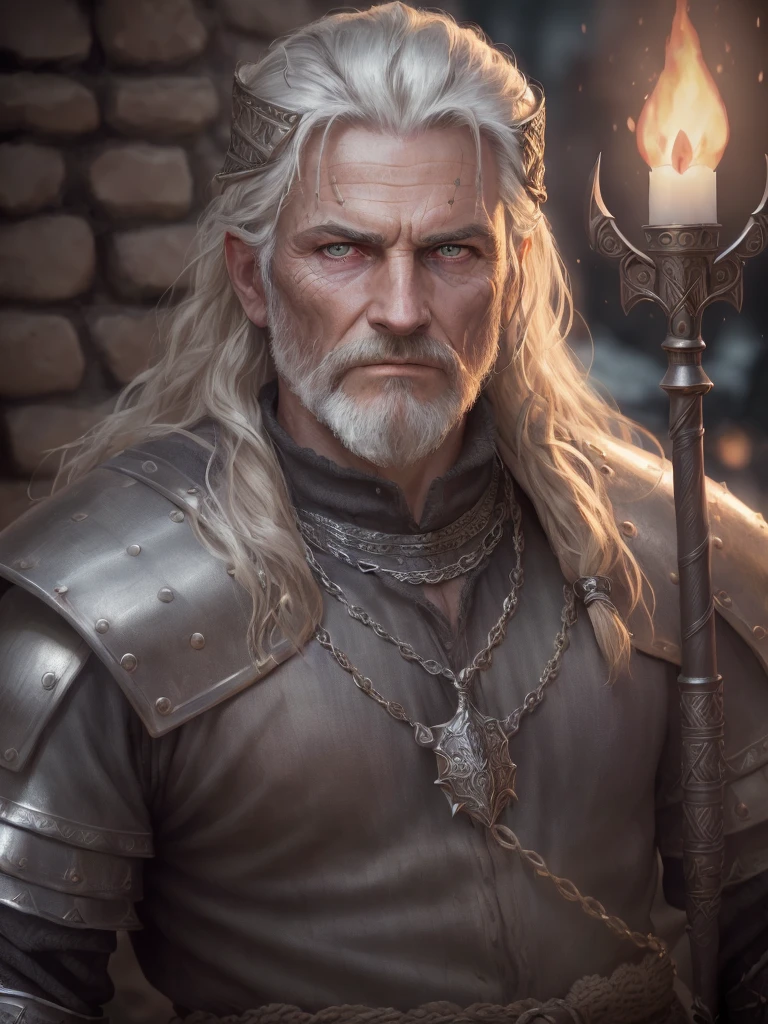 (Highest quality:1.3), cinematic shot, masterpiece, (sharp focus:1.5), (photorealistic:1.3), medium portrait of (a weary-looking but still proud and fierce-looking old Viking warrior, now the leader of his village, dressed in elaborately detailed chain mail and leather armour, a few torches burn on the walls, giving the scene a dark atmosphere but sculpting the forms in sharp chiaroscuro), it is night time, (highly detailed skin), (detailed face), detailed background, dark lighting, twilight lighting, volumetric lighting, intricate details, UHD,