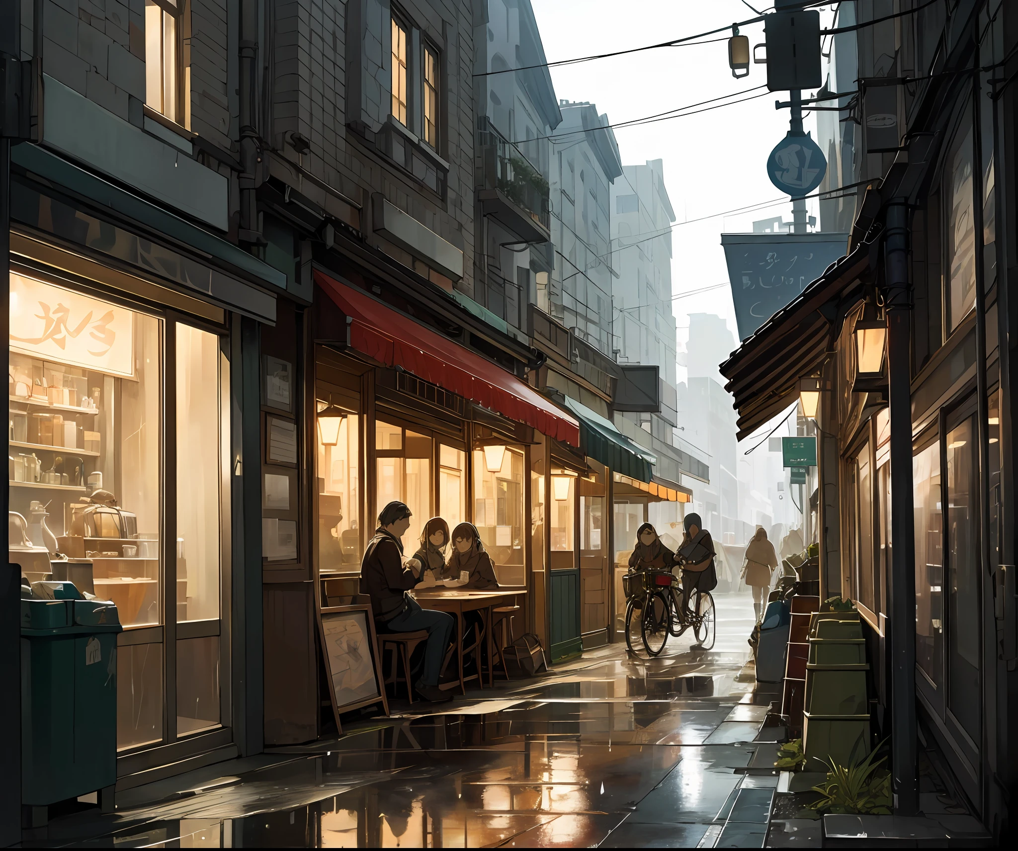 Photo of a cafe, wet street, buildings, busy street, cycle, garbage, nostalgia, ultra quality, hyper detailed,