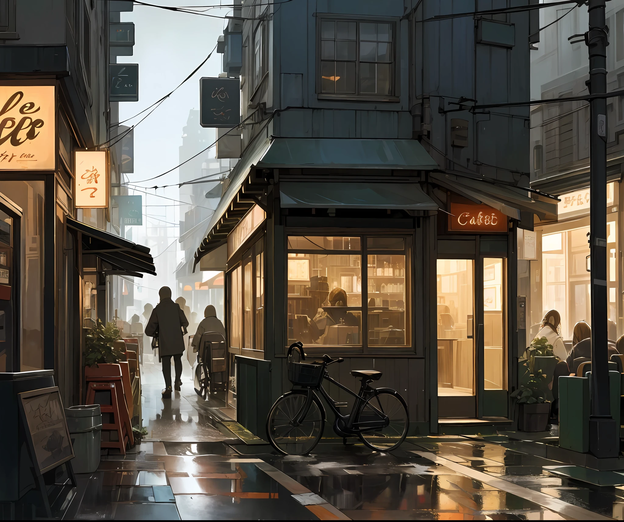 Photo of a cafe, wet street, buildings, busy street, cycle, garbage, nostalgia, ultra quality, hyper detailed,