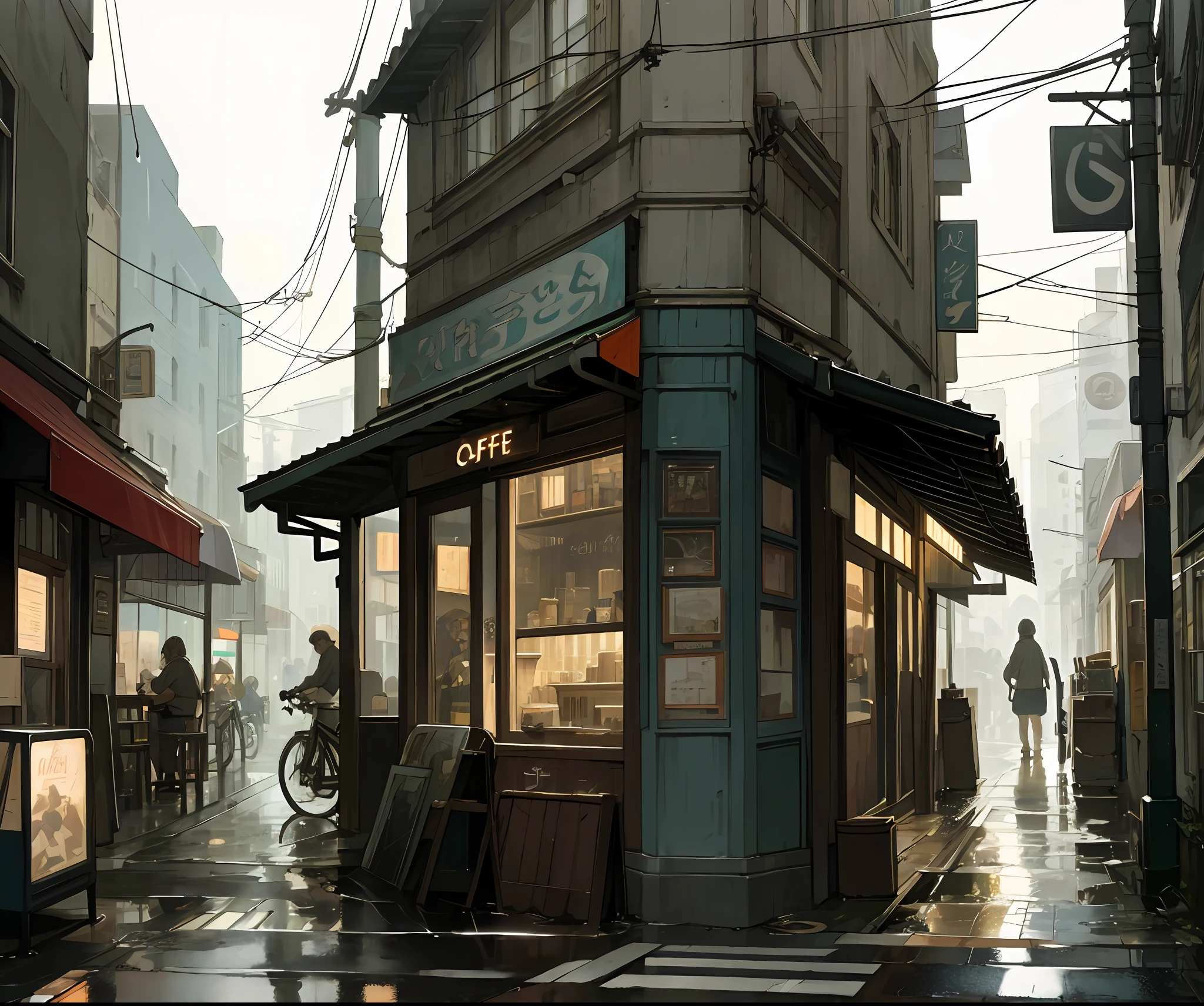 Photo of a cafe, wet street, buildings, busy street, cycle, garbage, nostalgia, ultra quality, hyper detailed,