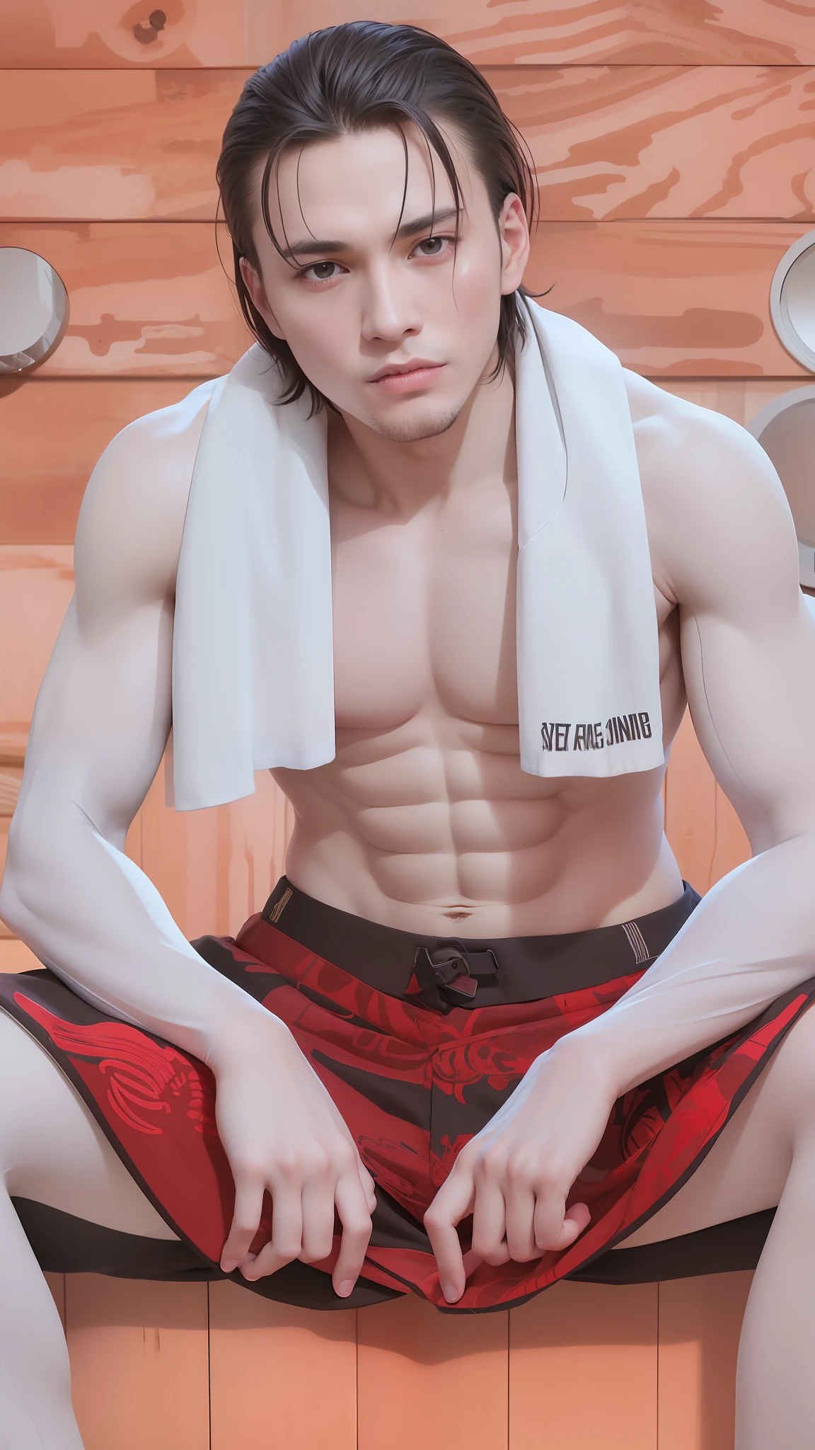 best quality, masterpiece, (realistic: 1.2), 1 man, Eren Jaeger, real life, live action, black jeans, black pants, brown hair, attack on Titan, long hair, abs, muscles, shirtless, sunset background, looking at the mirror, black jacket, fitness, fit body, slim body, high definition, high quality, gigachad