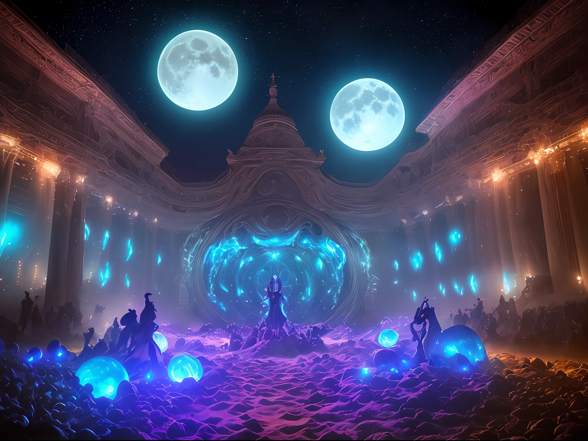 Generate a surrealistic artwork of Faithless performing on a moon festival, with a breathtaking view of Earth in the sky. otherworldly scene,Faithless on stage on a lunar landscape, illuminated by a soft, ethereal glow. The moon's surface is adorned with sparkling moon dust, casting a gentle luminescence across the surroundings. Faithless members are depicted in their signature style, with mesmerizing LED costumes that pulsate with vibrant colors, creating an enchanting visual spectacle. atmosphere is filled with sense of awe and wonder, as attendees gaze in amazement at Earth, visible in the vast expanse of the night sky, creating a striking contrast between the celestial bodies.