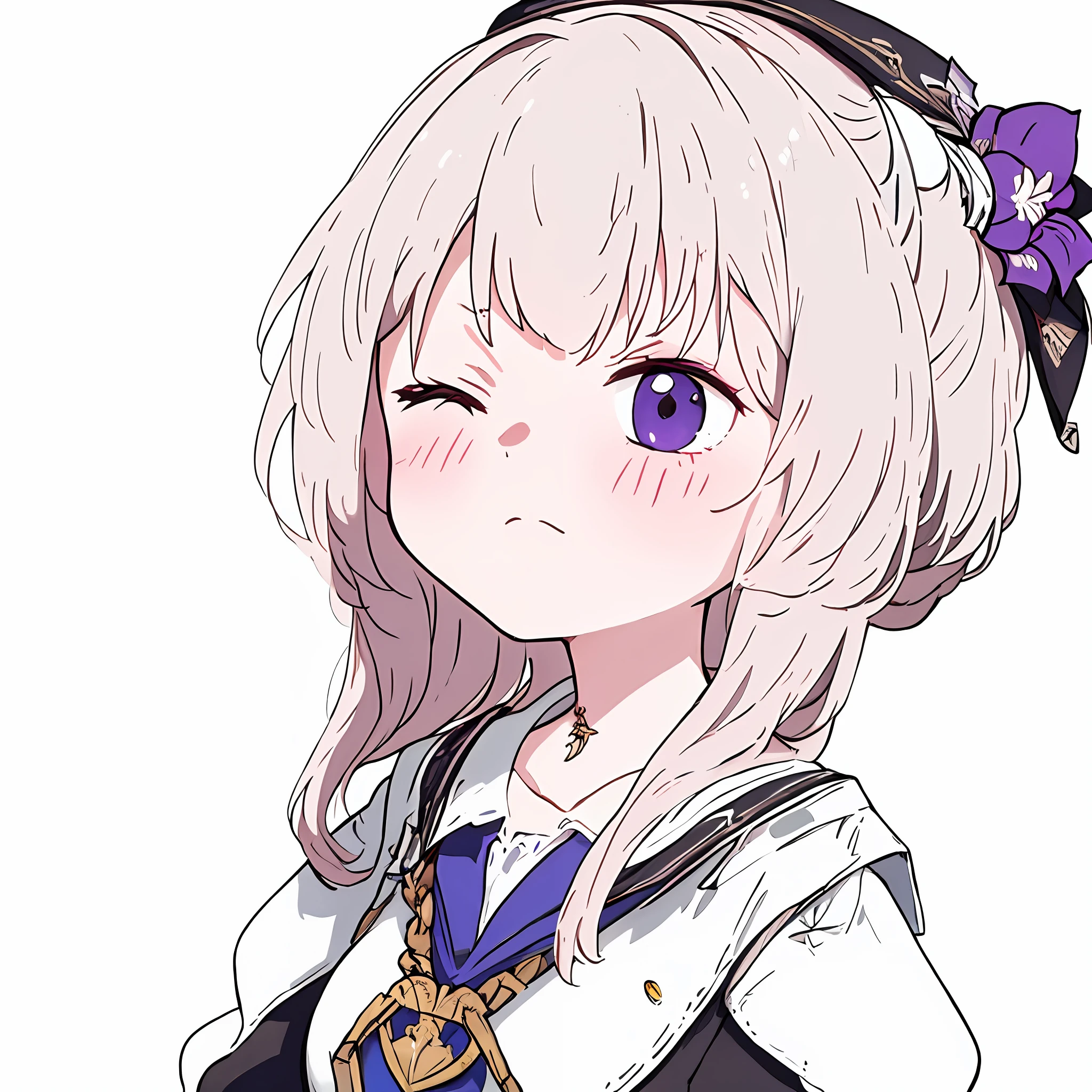 ((masterpiece)), ((best quality)), 1girl, solo, solo focus, Herta, hertasr, portrait, sticker, one eye closed, annoyed, beautiful, white background, long hair, wavy hair