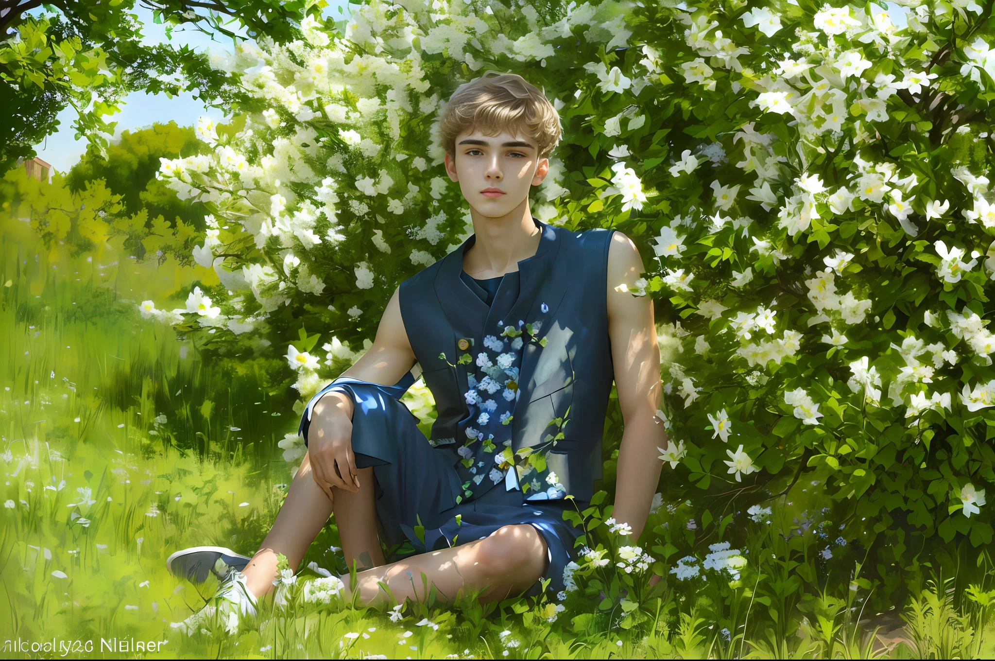 arafed man sitting in front of a bush of white flowers, about 19 years old, nikolay, tommy 16 years old, avatar, sitting with flowers, with flowers, high quality portrait, dressed: sleeveless jacket, young man