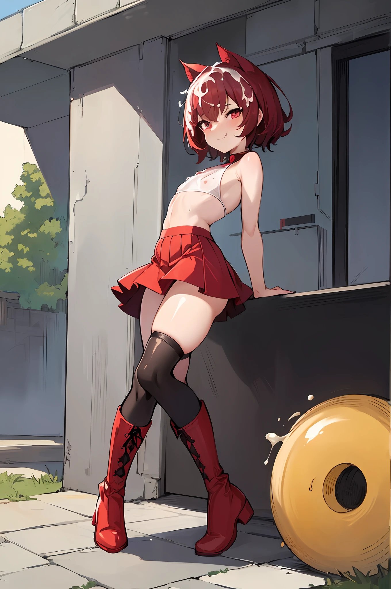 (masterpiece:1.2), (best quality:1.2), li, full body, small chest, big ass, (short, tight-fitting skirt), almost see-through wet top, boots, smug face, short hair, red hair , (pixv artstyle), (detailed masterpiece), ((excessive cum))