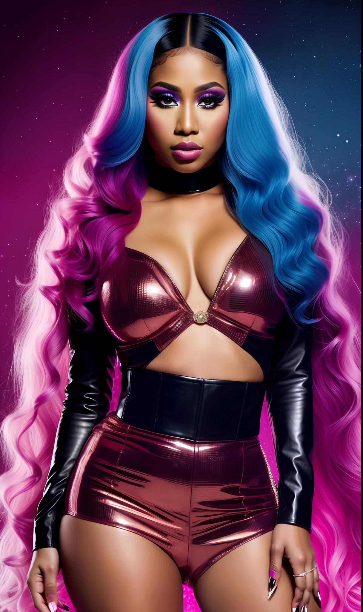 Photo NICKI MINAJ, 4K texture, high quality, beautiful hairstyle, original album cover, leather outfit with diamonds, 8k image, futuristic, high image quality, evening, hair accessories