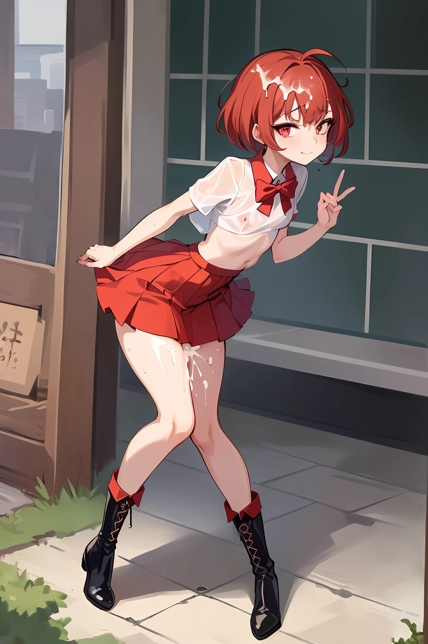 (masterpiece:1.2), (best quality:1.2), li, full body, small chest, big ass, (short, tight-fitting skirt), almost see-through wet top, boots, smug face, short hair, red hair , (pixv artstyle), (detailed masterpiece), ((excessive cum))