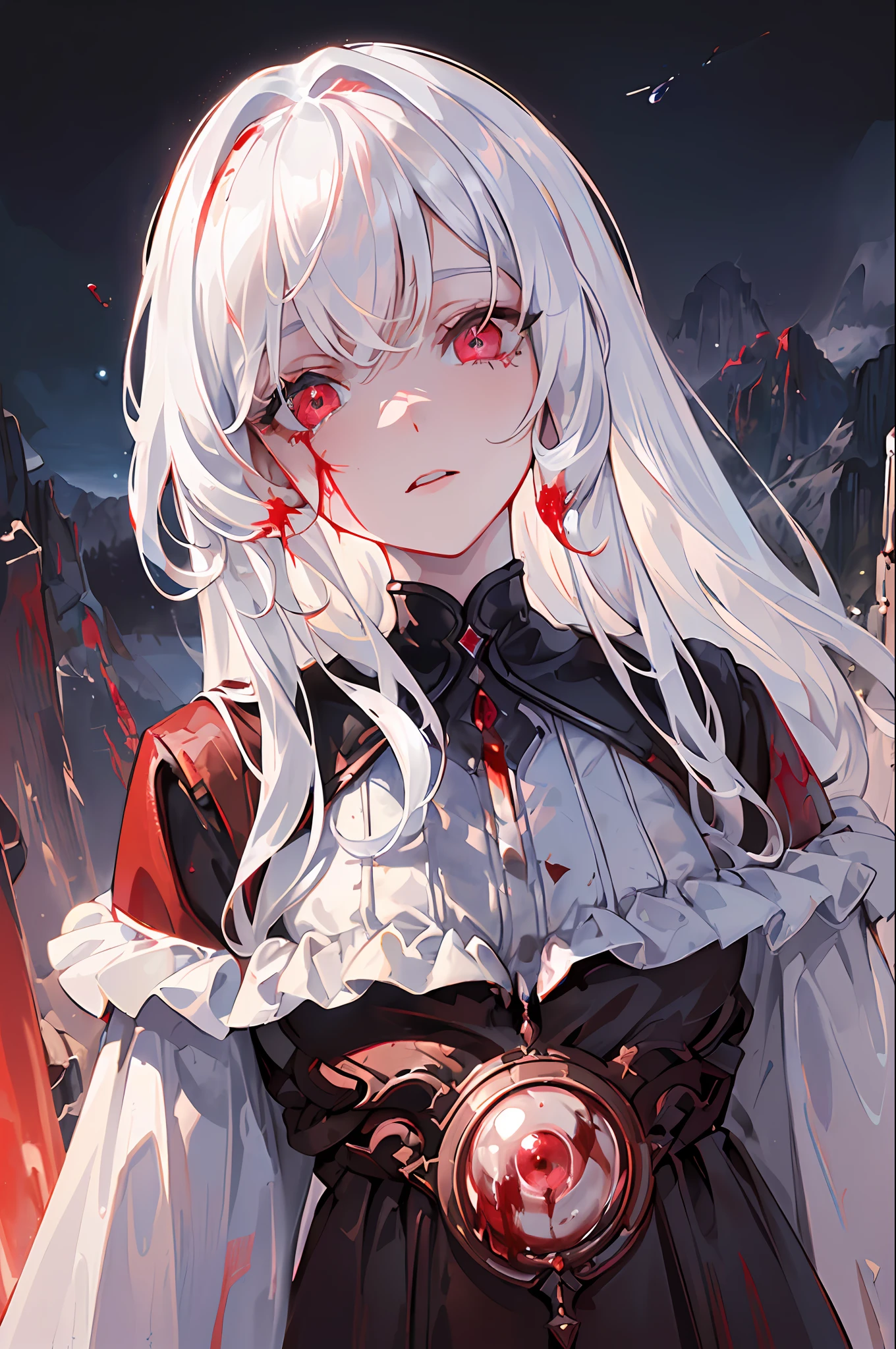 (((masterpiece))), ((eye detail)), ((face detail)), (delicate feature)), ((best quality)), ((best artist)), ((ultra detailed landscape)), ((perfectly delicate physiognomy)), ((best illustration)), ((mountain landscape with clouds in the clear sky)), (1 girl) wearing robotic cyberpunk clothes, (((long white hair with fringes))), ((blood red eyes detailed)), in a lighting seen from above (((dark))), (neutral)), (with almost no light in the scene)), (((showing the detailing of the sparkling eyes with a few drops of blood across her face)), ((her robes with blood, her gaze outlined and hostile))