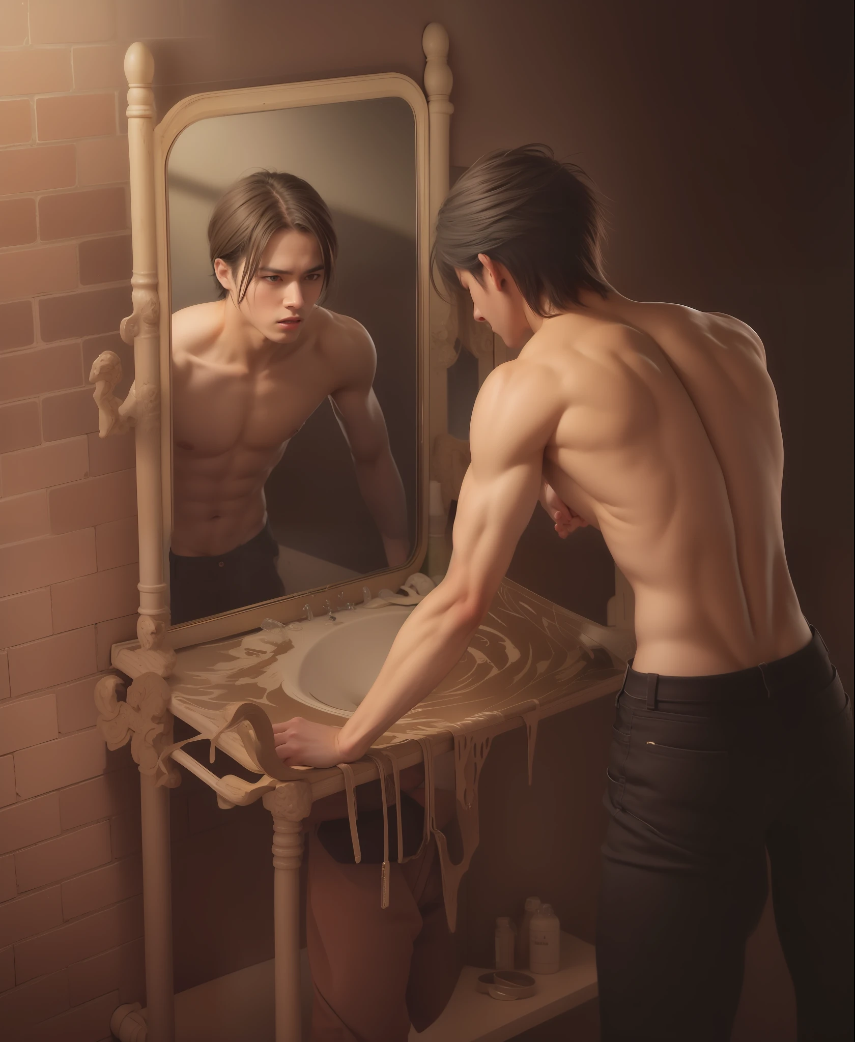 best quality, masterpiece, (realistic: 1.2), 1 man, Eren Jaeger, real life, live action, black jeans, black pants, brown hair, attack on Titan, long hair, abs, muscles, shirtless, sunset background, looking at the mirror, black jacket, fitness, fit body, slim body, high definition, high quality, gigachad, back muscles, back, leaning on a mirror