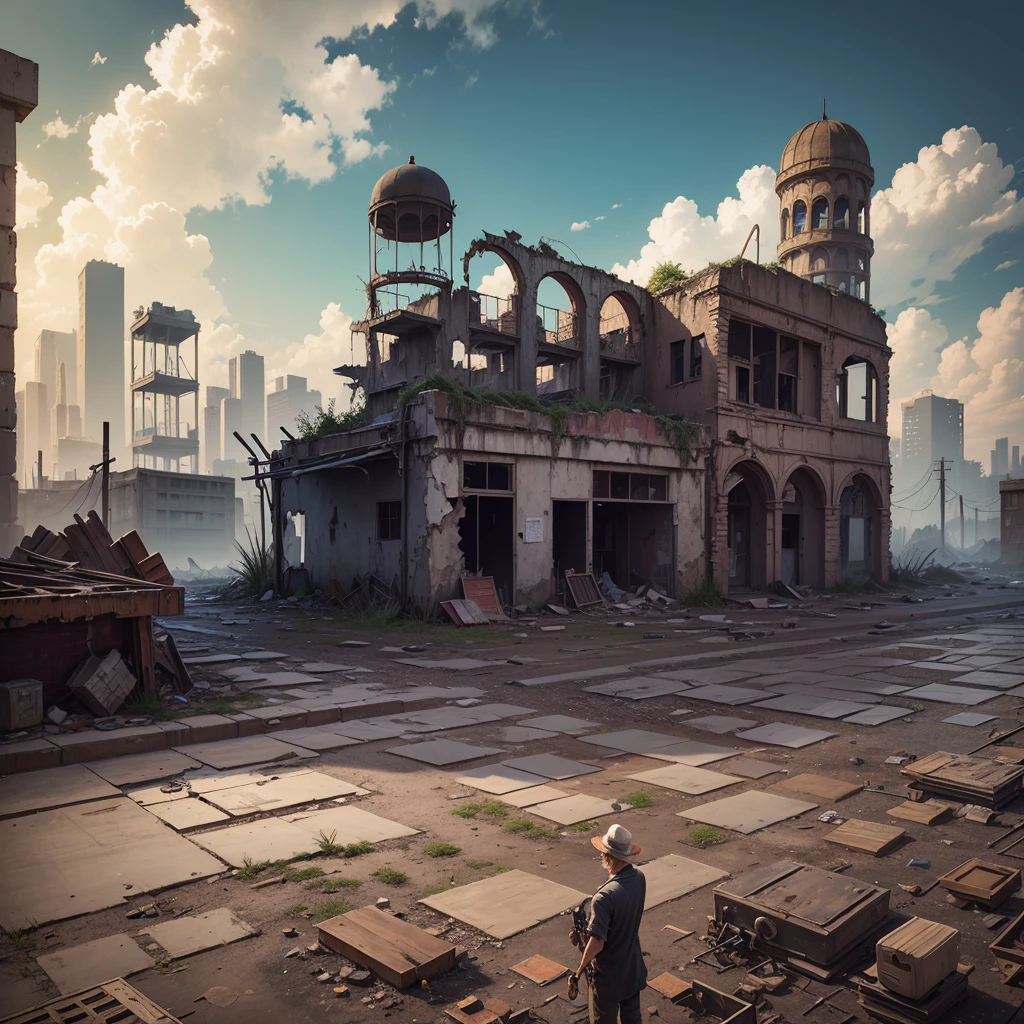 Dilapidated city, 8k hand-painted CG industrial ruins, deserted streets, ruined walls, ruined tiles, lonely old man, quietly smoking a pipe, reminiscing about the prosperity of the past---v6
