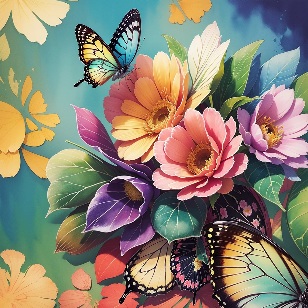 The magic of color, ultra-detailed 2D watercolor style flower illustrations, gorgeous colors, bright sunshine, elegant butterflies, fine textures, a feast of life---v6