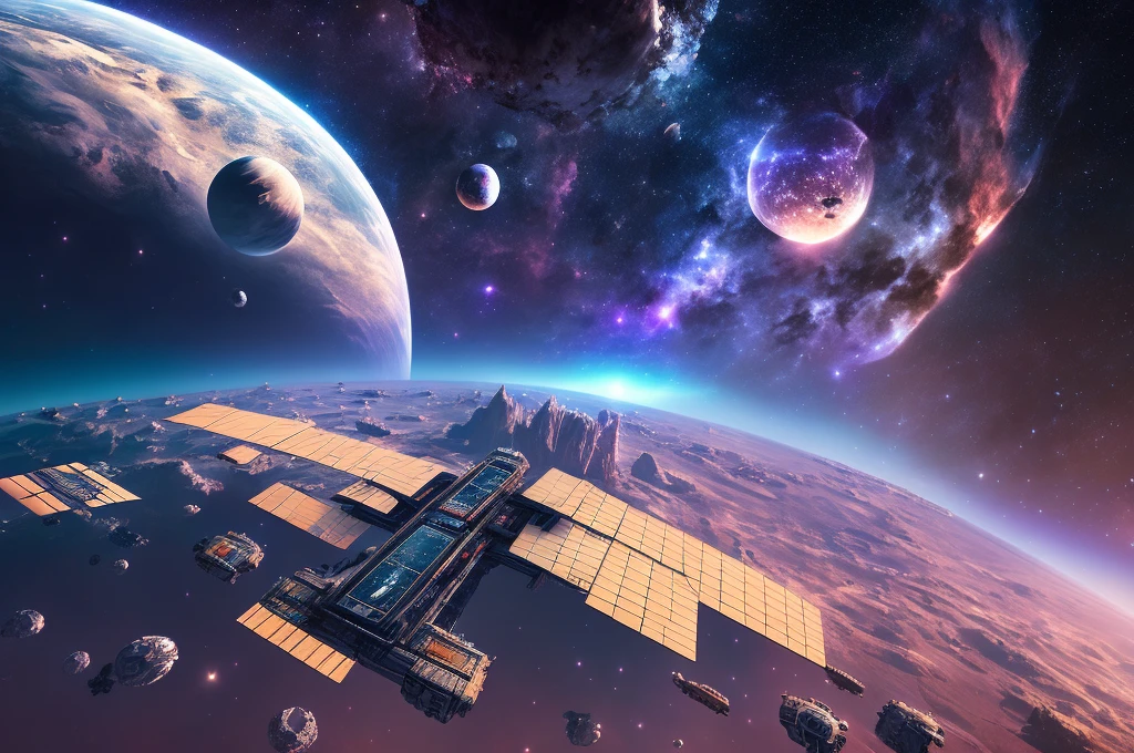 A space station located in space amidst the vast expanse of stars, planets, and galaxies would be a remarkable feat of engineering.(((masterpiece))), ((best quality)), realistic, 8k, ultra-detailed, realistic, scenery, ConceptArt,  Highly detailed RAW color Photo, side Angle, (lens flare:0.7), particle effects, raytracing, cinematic lighting, shallow depth of field, photographed on a Sony Alpha 1, 50mm wide angle lens, sharp focus, cinematic film still, dynamic pose., --v 6