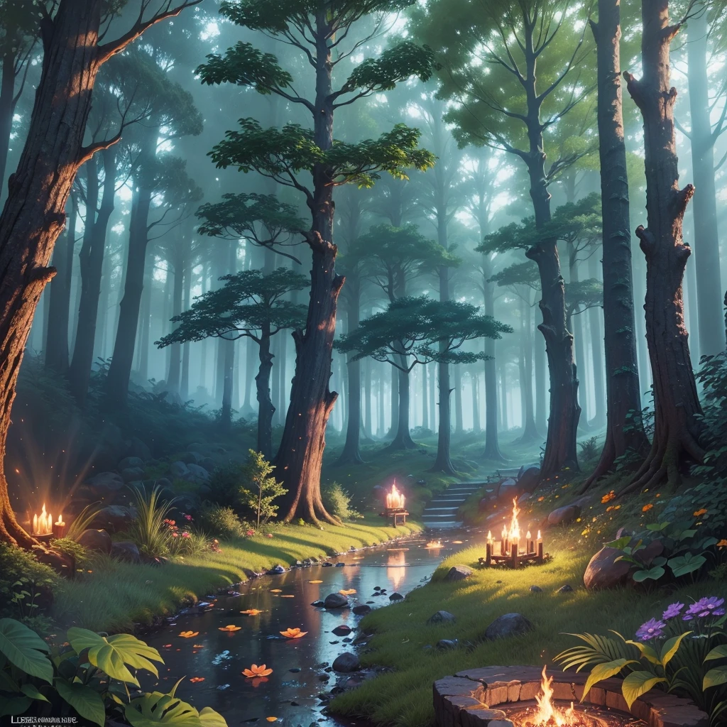The world of magic, super detailed CG 8k magic forest scene, leisurely elves, shining flame flowers, blurred fog, mysterious magic circle, wonderful adventure---v6
