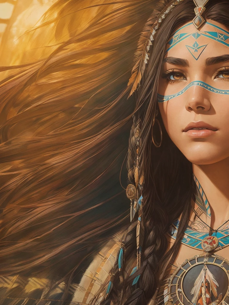 portrait photograph of Madison Beer as Pocahontas, young beautiful native american woman, perfect symmetrical face, indigenes feather jewelry, traditional handmade dress, armed female hunter warrior, (((wild west))) environment, Utah landscape, ultra realistic, concept art, elegant, ((intricate)), ((highly detailed)), depth of field, ((professionally color graded)), soft ambient lighting, dusk, 8k, art by artgerm and greg rutkowski and alphonse mucha --v 6