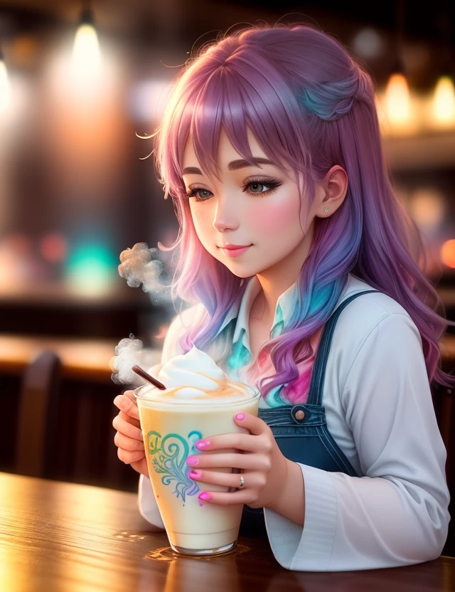Magical neon watercolor latte art, intricate design, steam rising from cup, cozy cafe interior background, bokeh