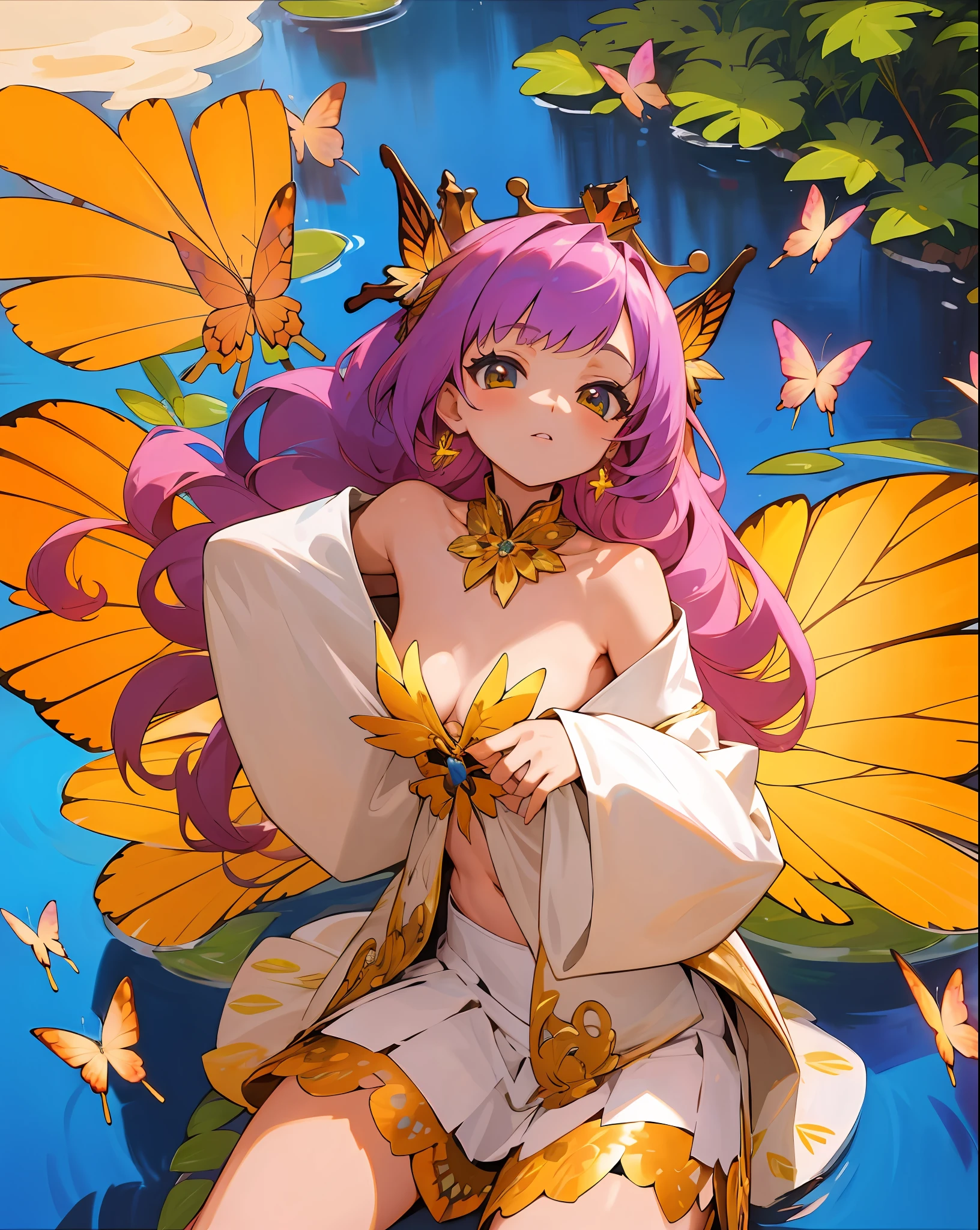 perfect body,cowboy shot,(a beautiful detailed honorable girl),Sitting on the details throne,details crown,details gemstone,long hair,colorful hair,1girl, solo, outdoors,standing,nude,small_brrasts,butterflies on chest,butterflypasties,((white miniskirt)),