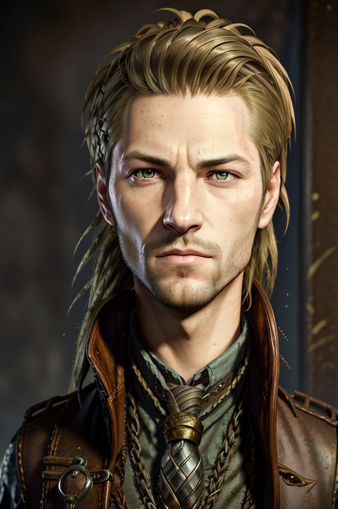 arafed portrait of a man with long hair and a tie, a character portrait inspired by Lucas Graciano, Artstation contest winner, fantasy art, character art portrait, corvo attano, fantasy male portrait, portrait of fin wildcloak, character portrait art, character concept art portrait, rpg portrait concept art, steampunk male portrait, portrait of a bloodborne hunter