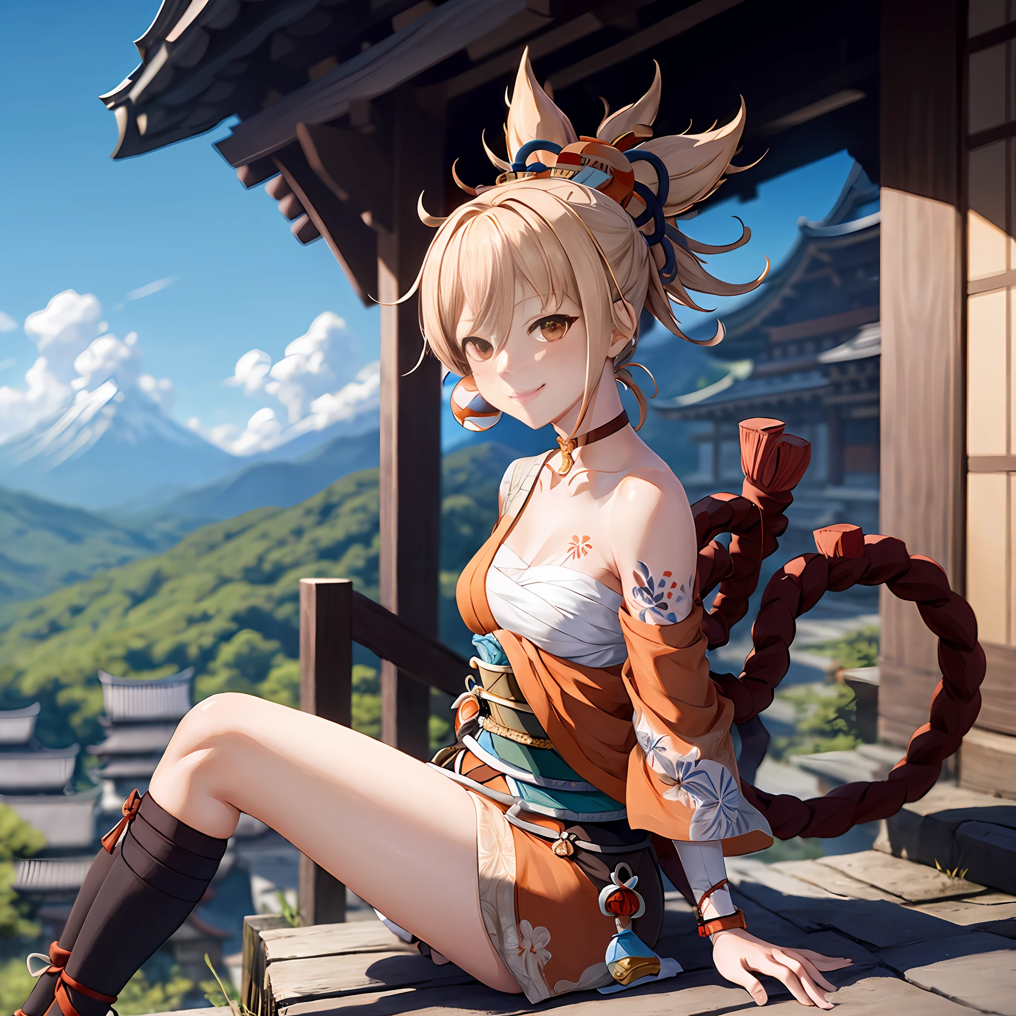 Yoimiyadef, full body, sitting, smile, blush, outdoors, day, simple background, blue sky, short hair, sky, temple, looking at the viewer, sitting on stairs, mountain, moody lighting,