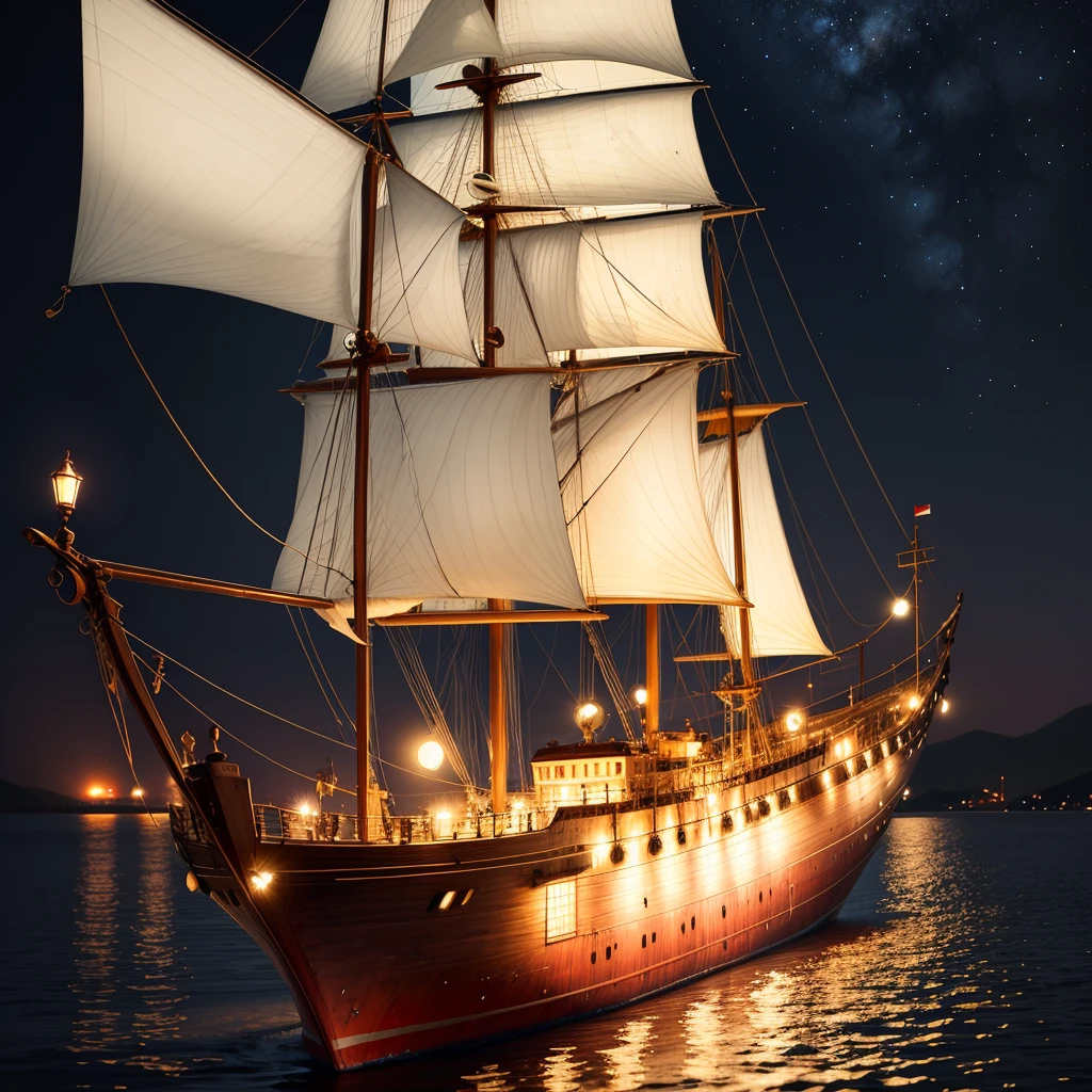 glass of water, ship, at night