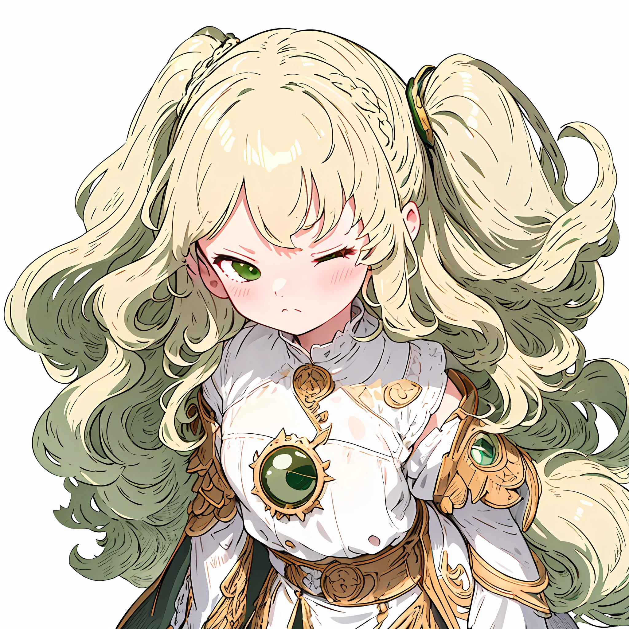 ((masterpiece)), ((best quality)), digital art, perfection, 1girl, solo, solo focus, portrait, sticker, one eye closed, annoyed, beautiful, white background, long hair, strong outlines, , blonde hair, green eyes, super long hair, ((wavy hair))